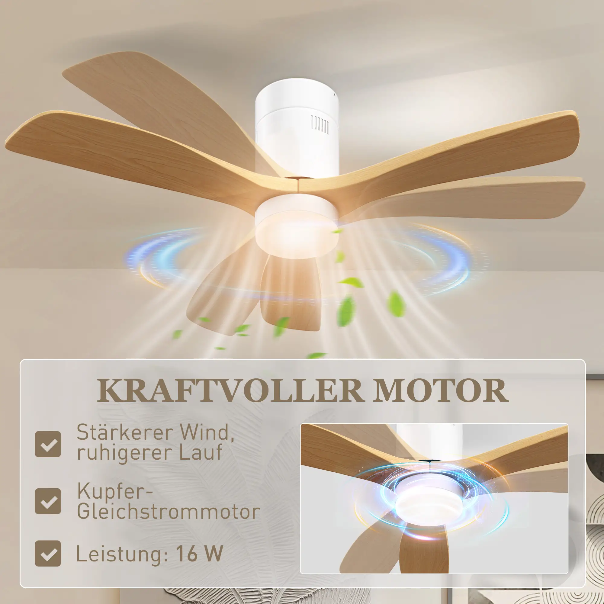 Deckenventilator mit Holzflügeln, der einen leistungsstarken Motor, einen Kupfermotor und eine Leistung von 16 W zeigt.