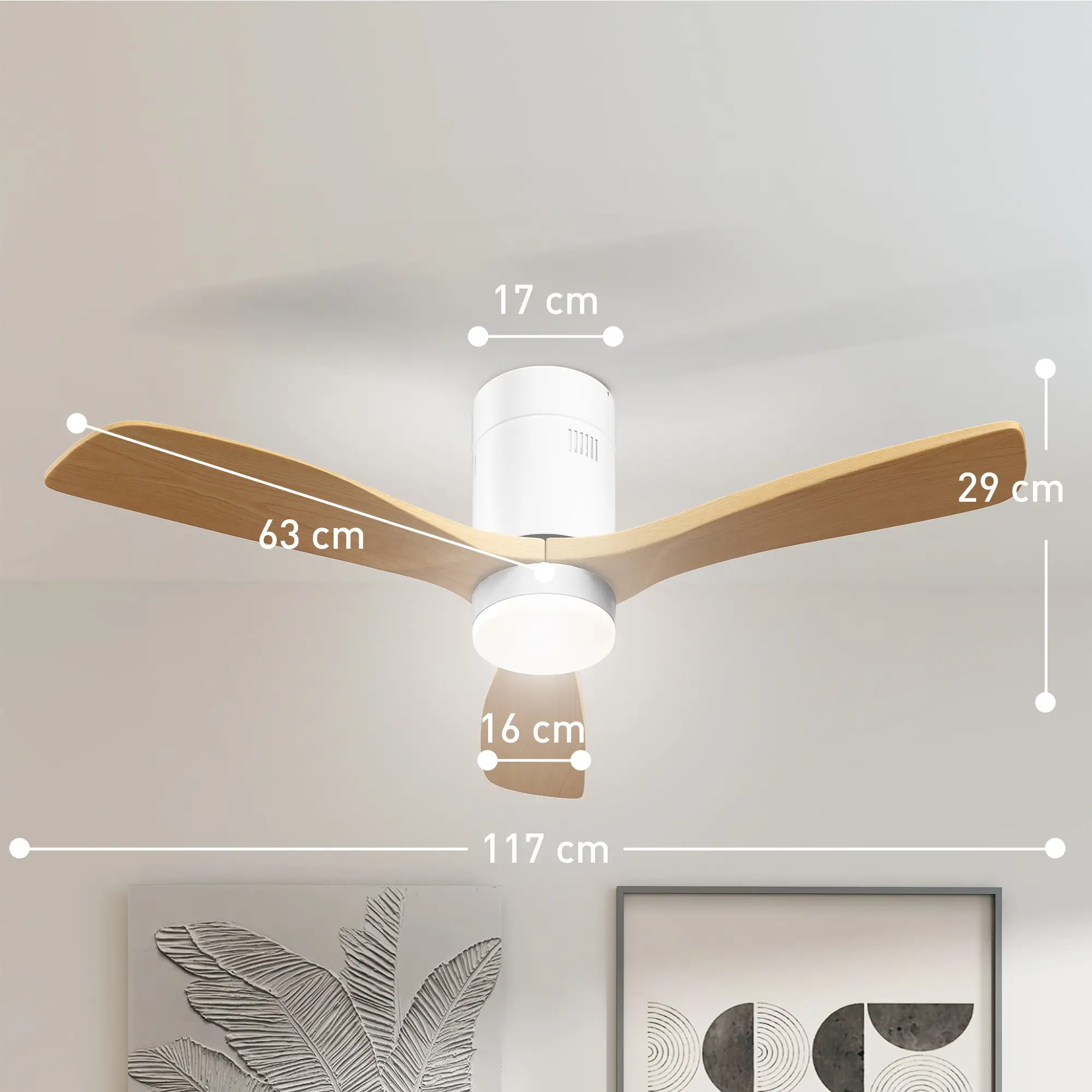Ein Deckenventilator mit Holzflügeln, beschriftet mit Maßen. Der Ventilator ist weiß mit einem Licht.