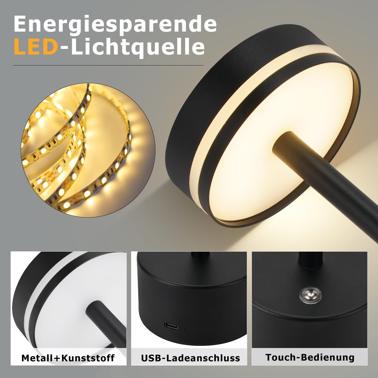 Czarna lampa biurkowa z okrągłą głowicą. Szczegóły pokazują konstrukcję metalową i plastikową, port ładowania USB i sterowanie dotykowe.