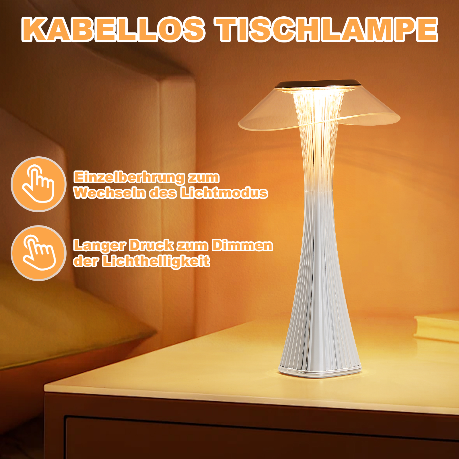 Biała lampa z przezroczystym blatem i białą podstawą. Obecny jest tekst w języku niemieckim.