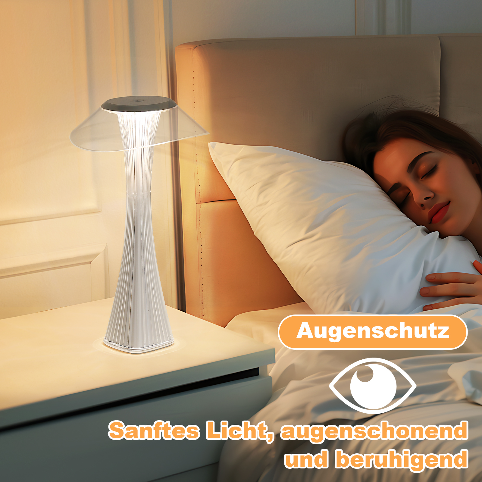 Kobieta śpi obok lampy na stoliku nocnym. Lampa ma przezroczysty klosz i jest włączona.