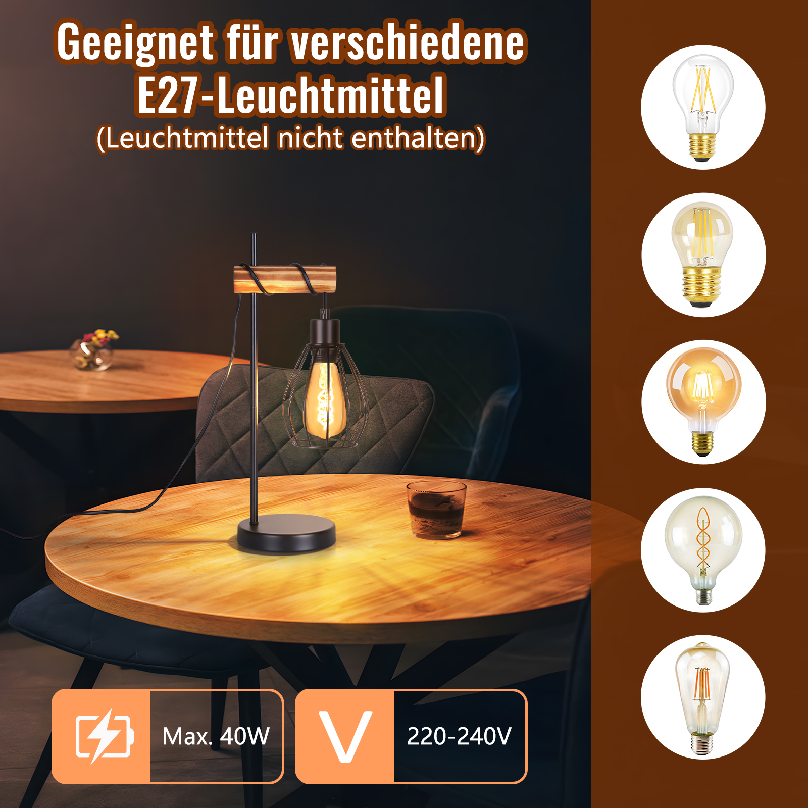 Lampa stołowa z czarnym metalowym kloszem w stylu klatki i drewnianym blatem. Jest na stole.