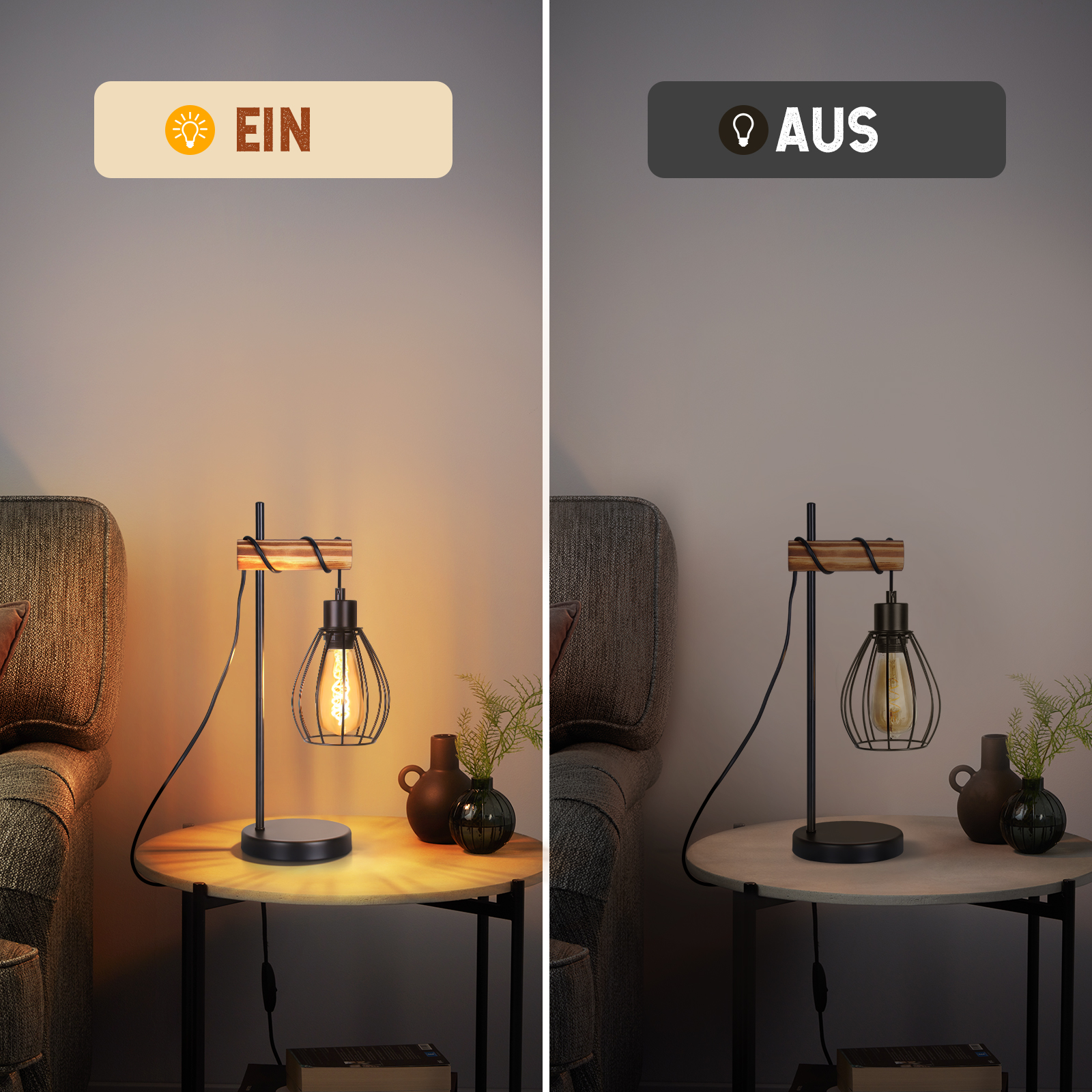 Dwa obrazy obok siebie. Jeden pokazuje zapaloną lampę, drugi tę samą lampę wyłączoną. Tekst opisuje stany.