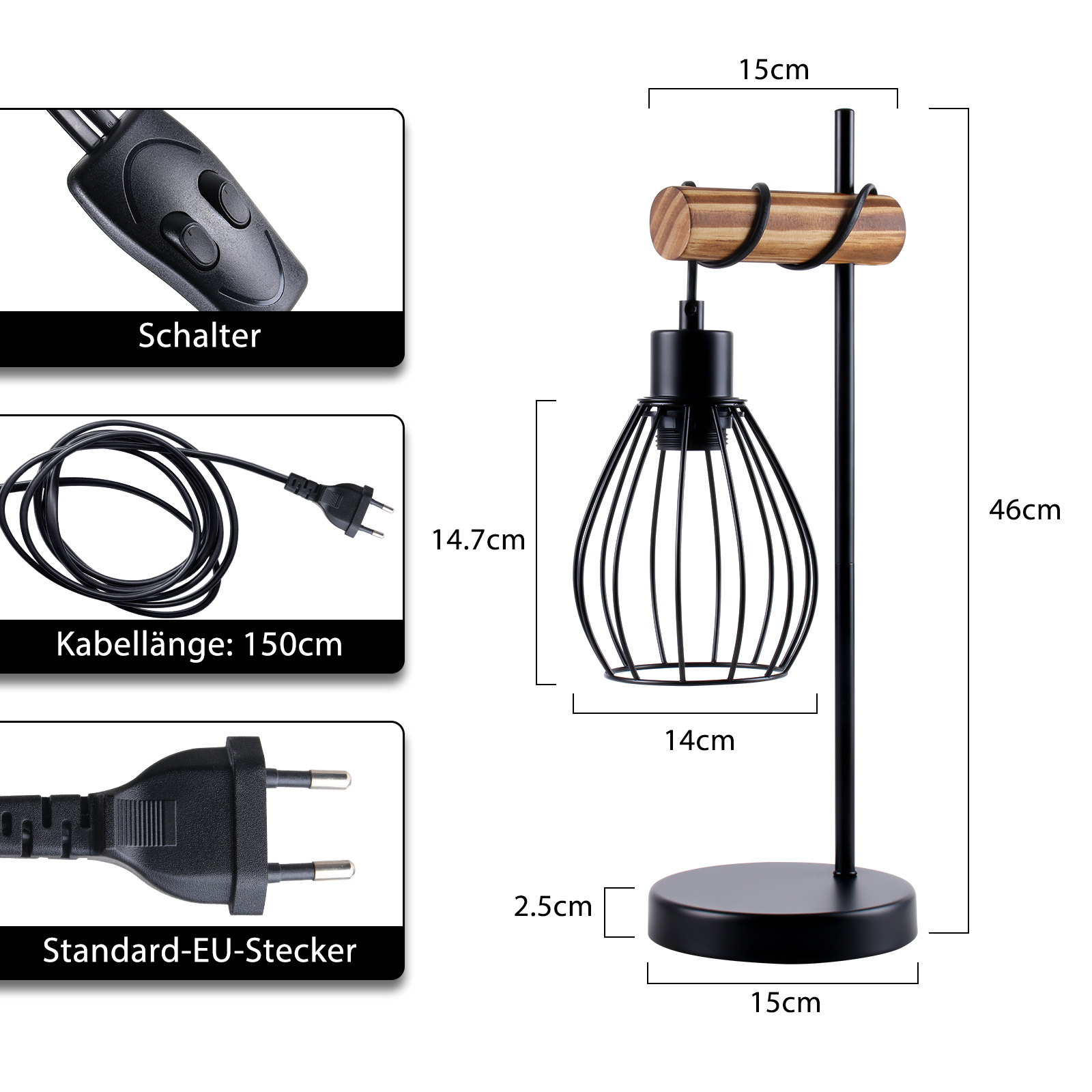 Schemat czarnej metalowej lampy stołowej w stylu klatki. Pokazuje wymiary, przełącznik i wtyczkę.