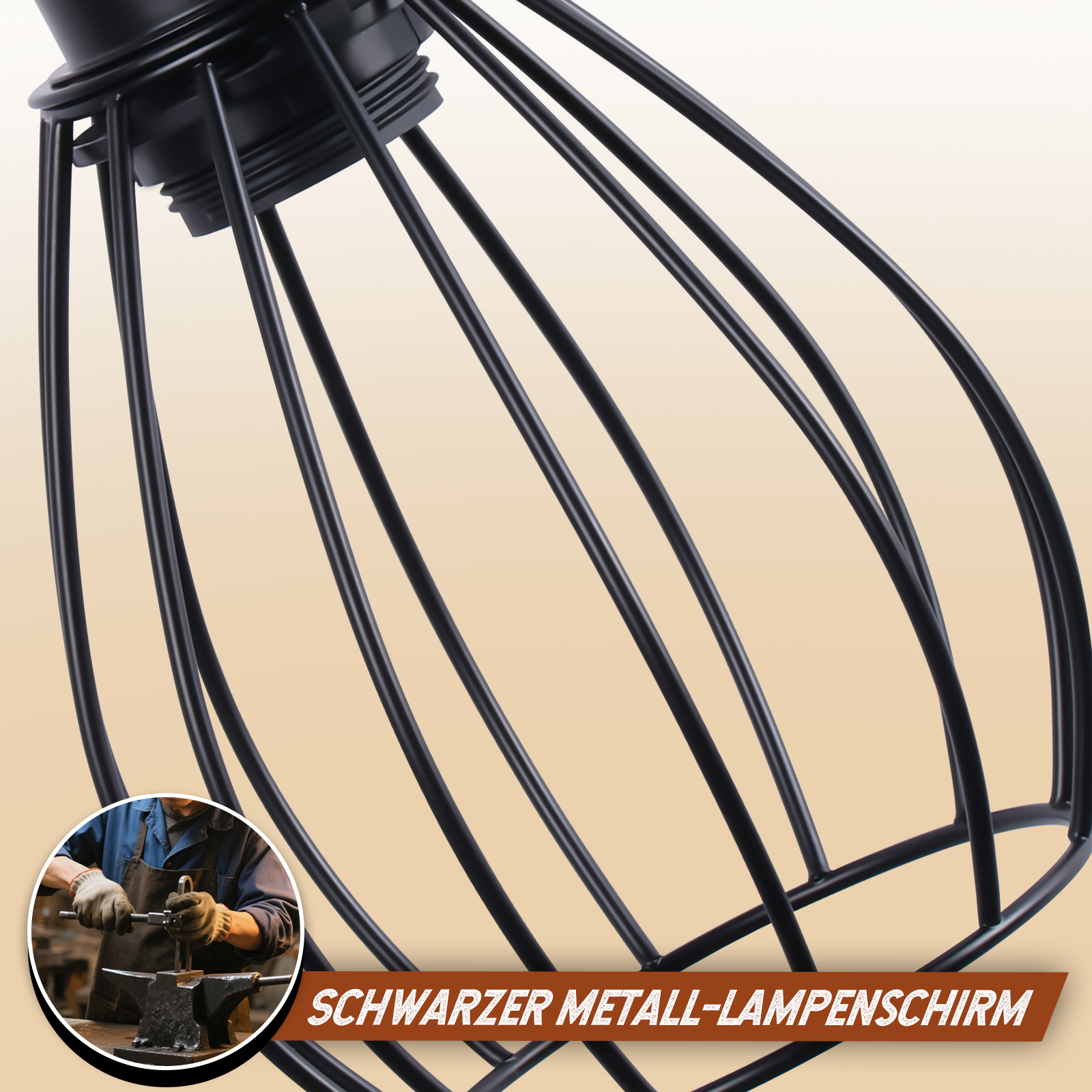 Zbliżenie czarnego metalowego klosza. Mały obrazek w rogu pokazuje osobę pracującą nad metalem.