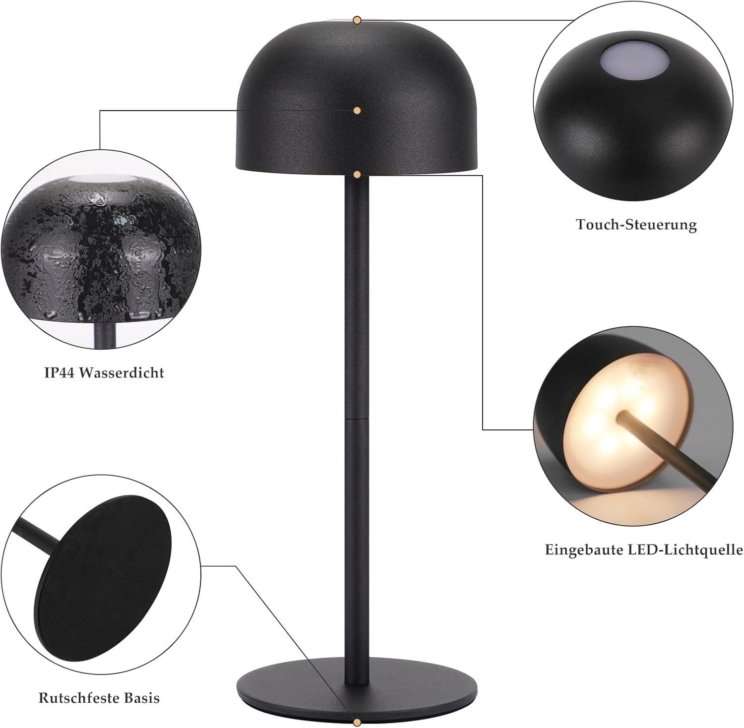 Czarna lampa stołowa z kloszem, nóżką i podstawą. Posiada sterowanie dotykowe, światło LED i wodoodporność.