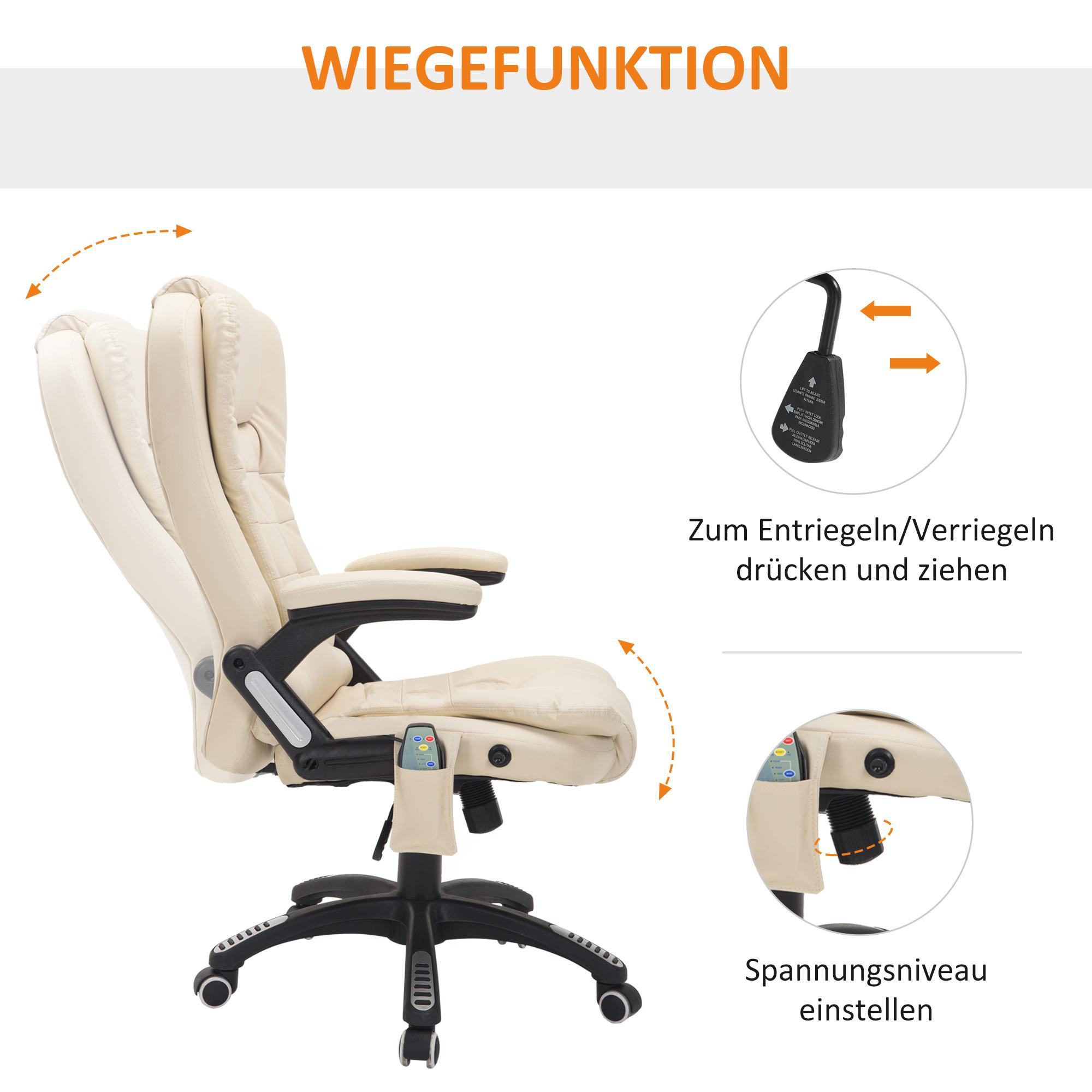 Ein cremefarbener Bürostuhl in Bewegung. Pfeile zeigen die Neigungs- und Kippfunktionen des Stuhls.