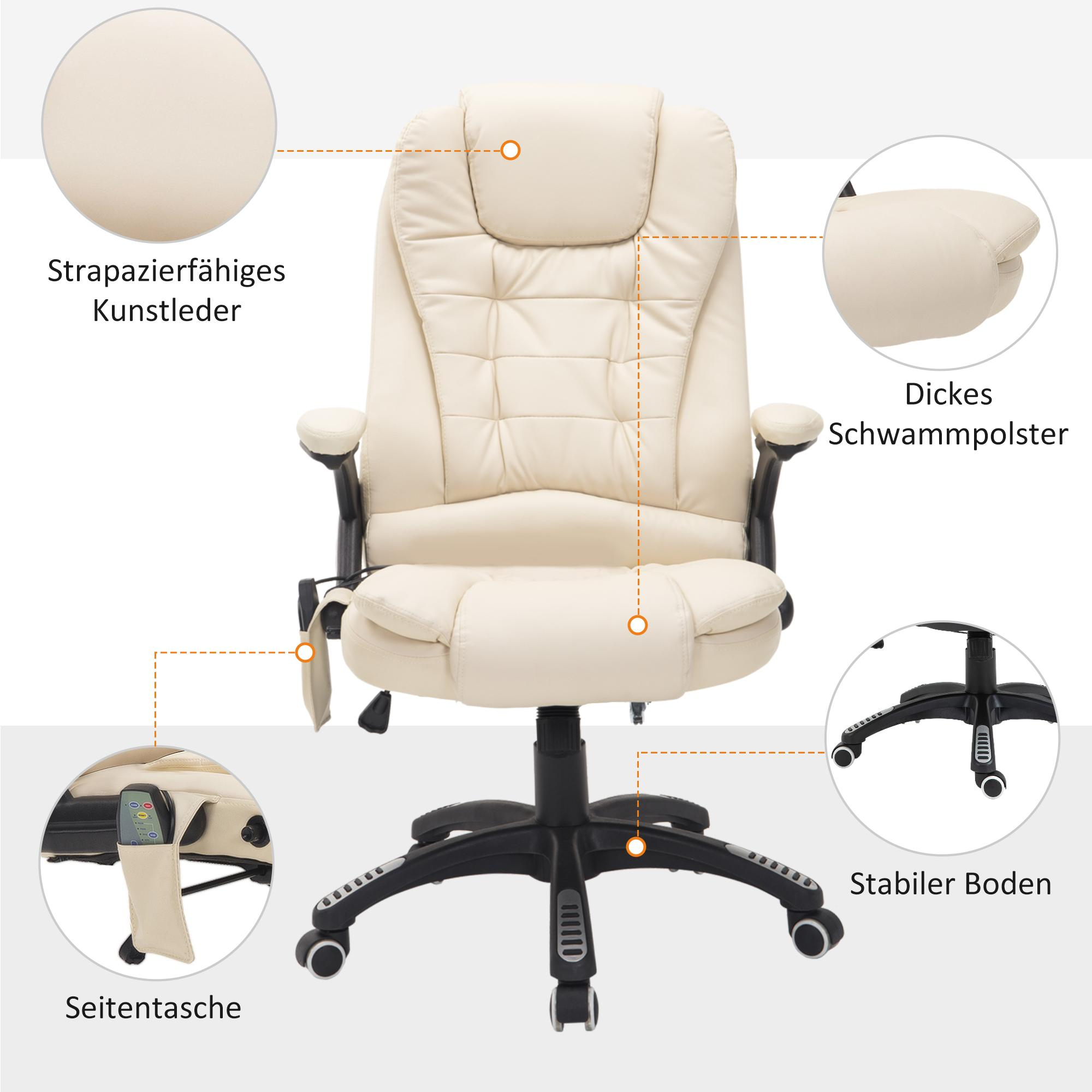 Ein cremefarbener Bürostuhl mit beschrifteten Teilen. Der Stuhl hat eine Kopfstütze und verstellbare Funktionen.