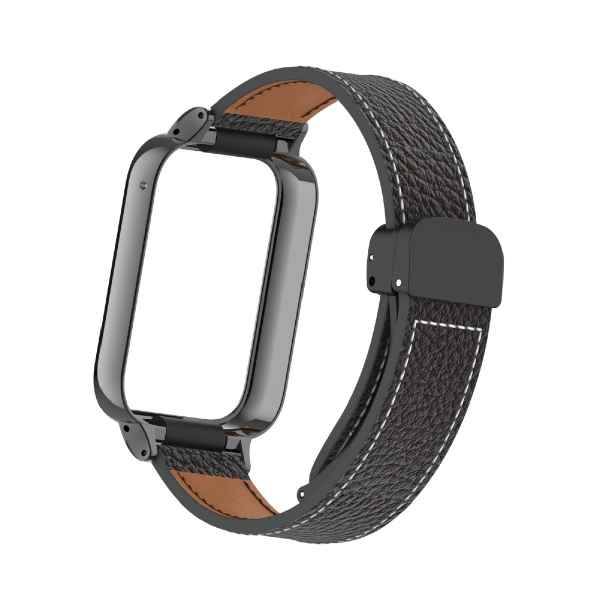 Eine schwarze Smartwatch mit schwarzem Armband und weißen Nähten. Der Rahmen ist metallisch.