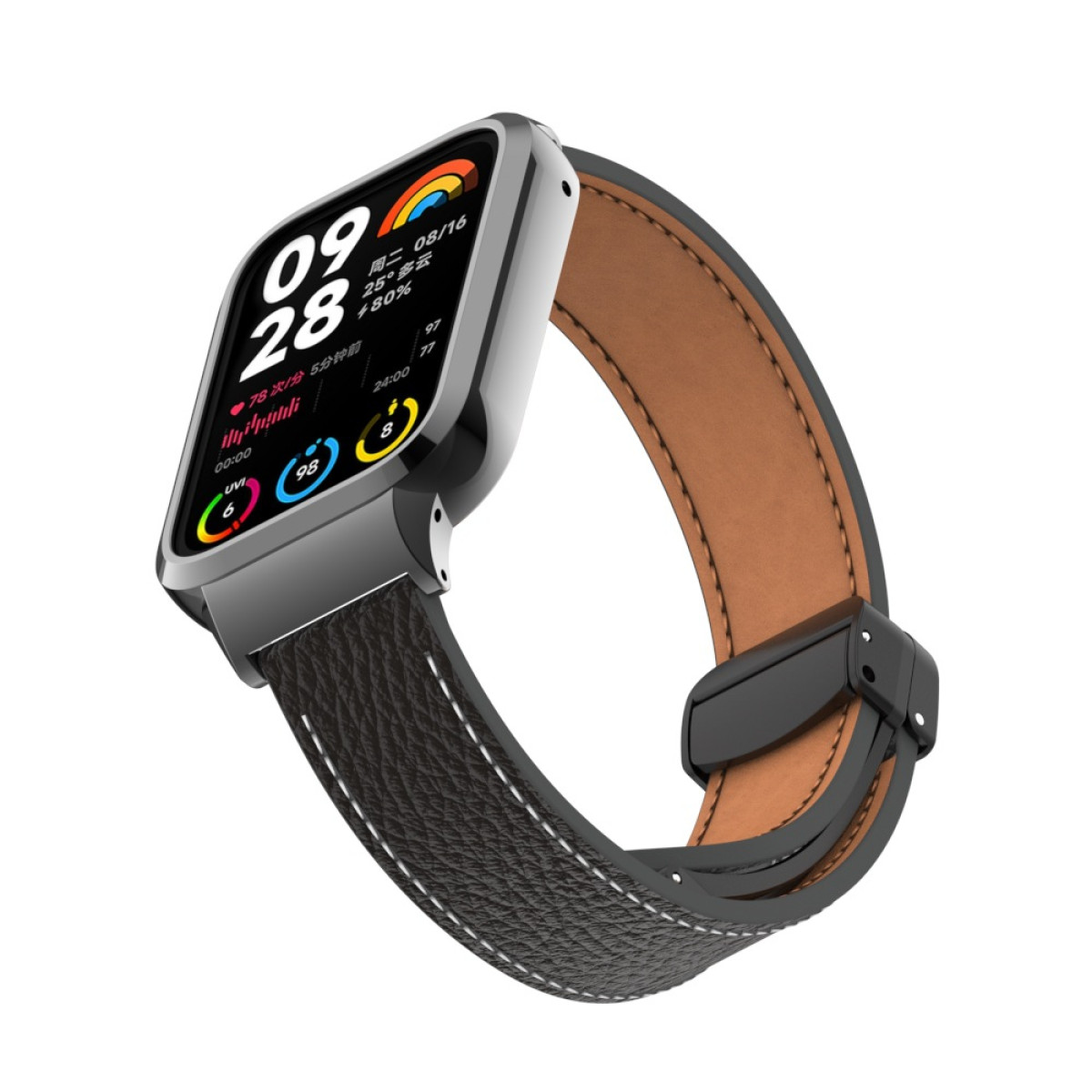 Eine schwarze Smartwatch mit einem schwarzen und grauen Lederarmband. Der Bildschirm zeigt Zeit und Gesundheitsdaten.