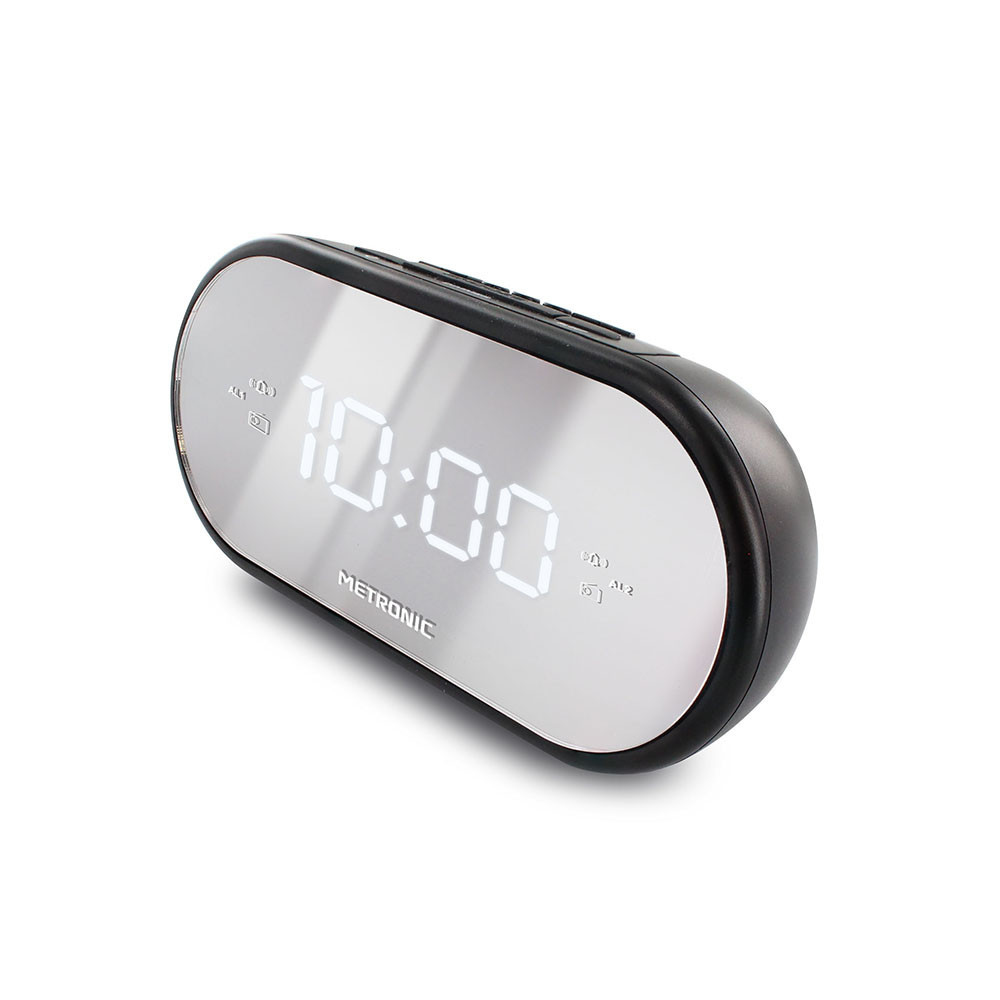 Despertador digital negro y plateado que muestra las 10:00. El reloj tiene una esfera espejada.