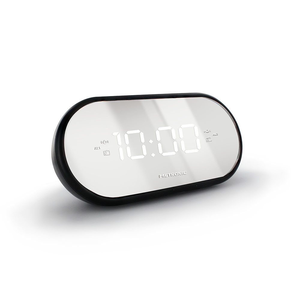 Despertador digital negro y plateado que muestra las 10:00. El reloj tiene una esfera espejada.