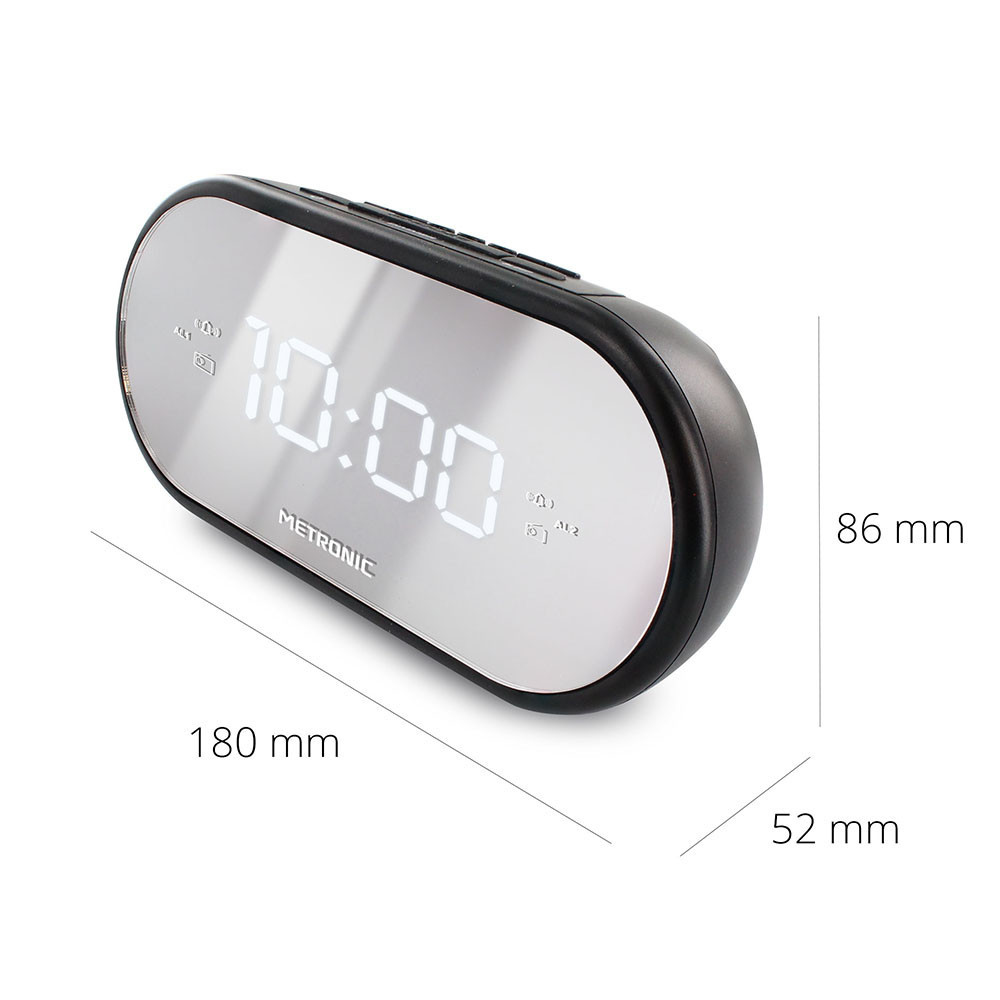 Despertador digital negro y plateado mostrando 10:00. Dimensiones: 180mm x 86mm x 52mm.