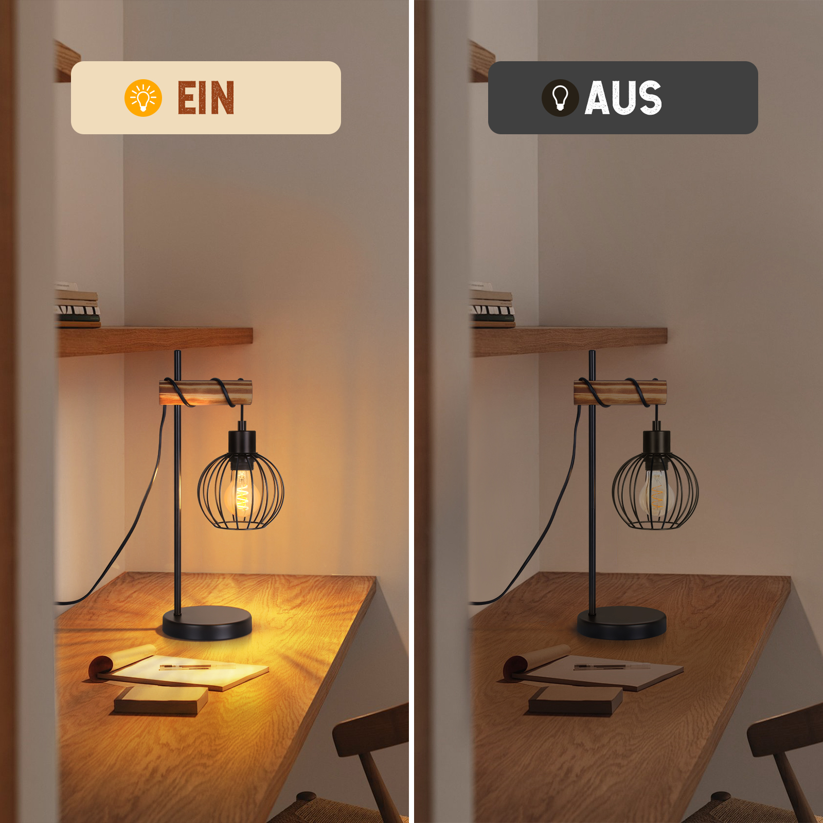 Dwa obrazy obok siebie: lampa włączona i wyłączona. Widoczny jest drewniany blat i czarny klosz.