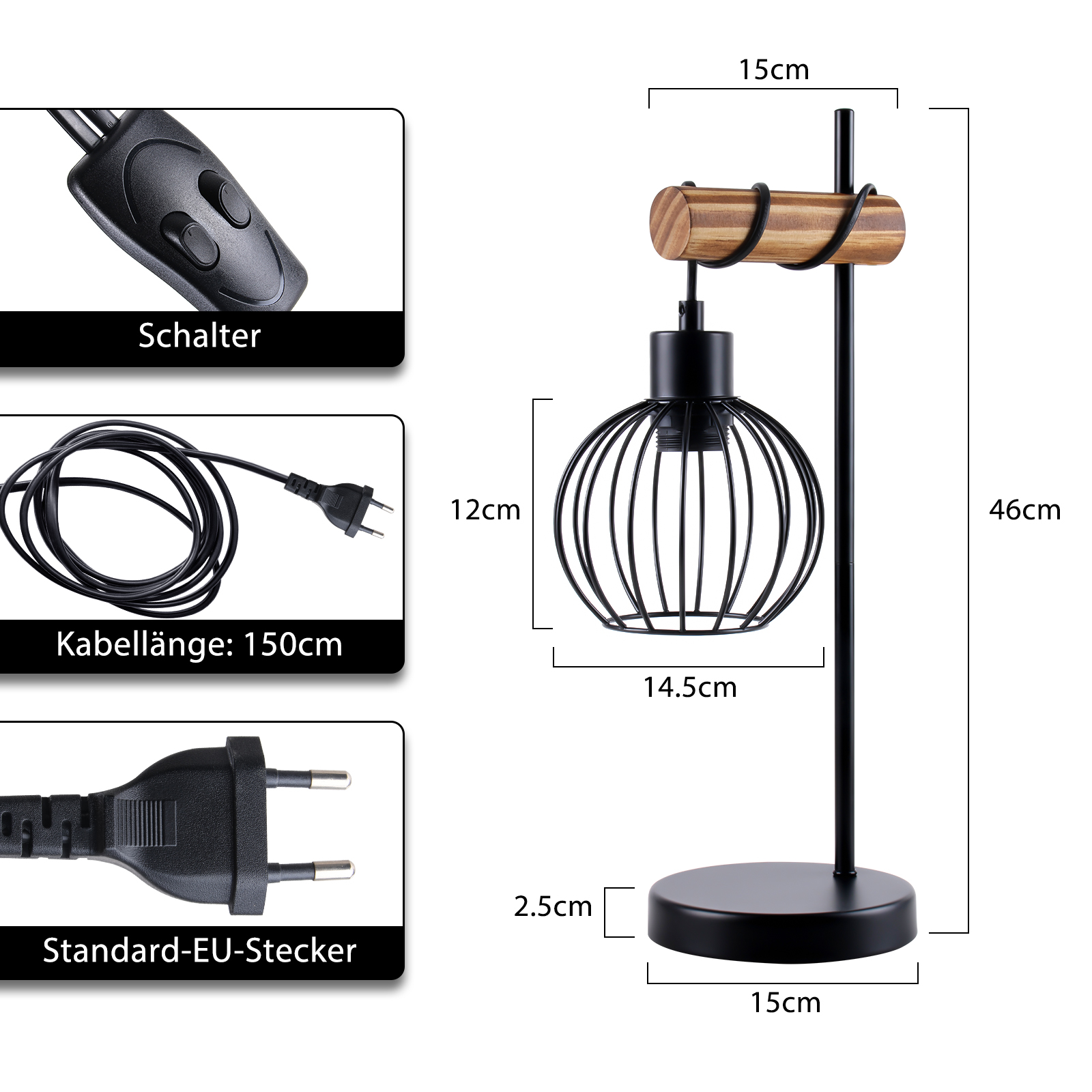 Schemat lampy. Podano wymiary, w tym wysokość, szerokość i głębokość różnych części.