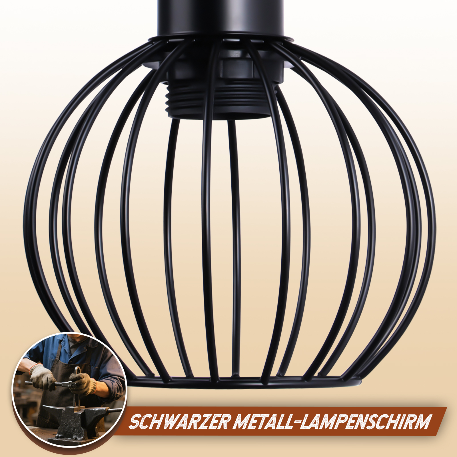 Czarny metalowy klosz z drucianą klatką na gradientowym pomarańczowym tle.