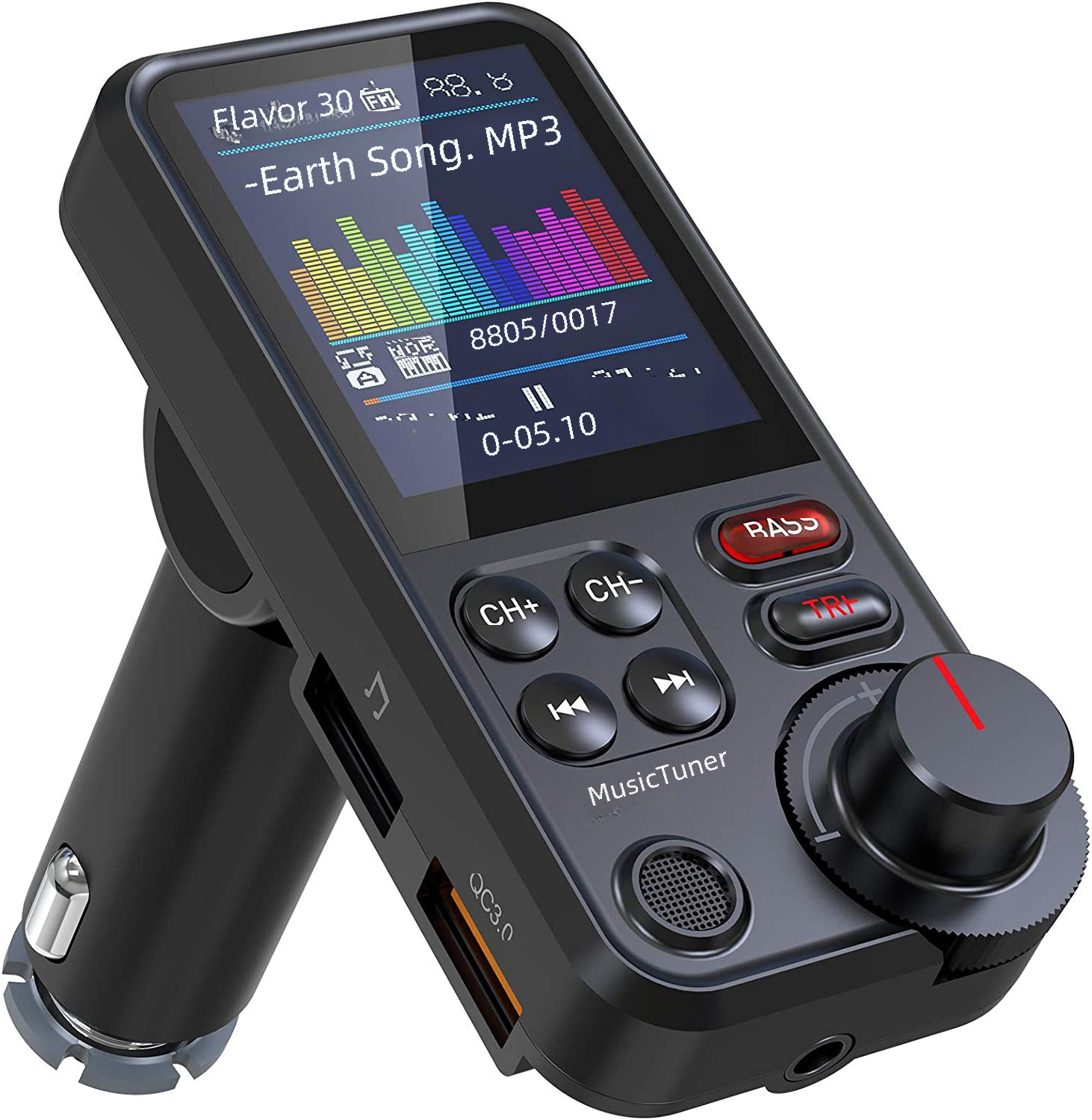 Schwarzer MusicTuner mit Bildschirm, der ein Spektrum, Knöpfe und einen Stecker zeigt, abgewinkelt.