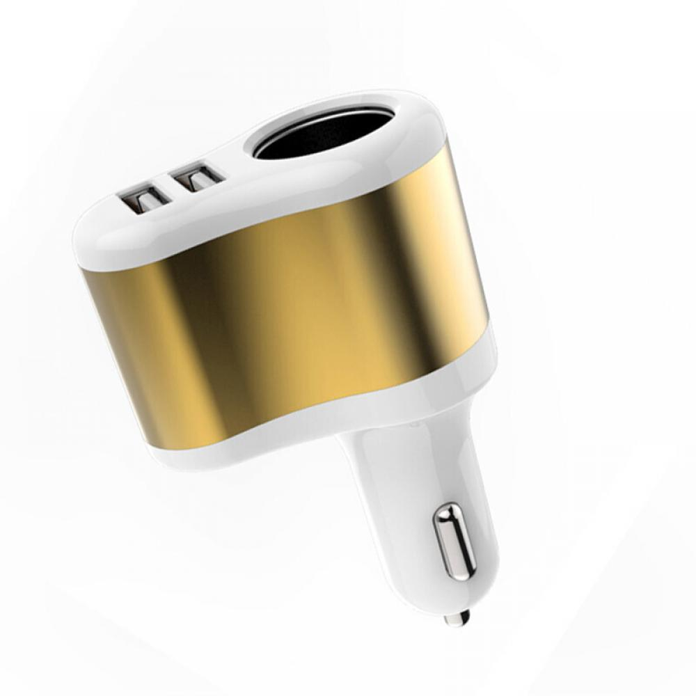 Ein gold-weißes Autoladegerät mit zwei USB-Anschlüssen. Das Ladegerät ist weiß und gold.