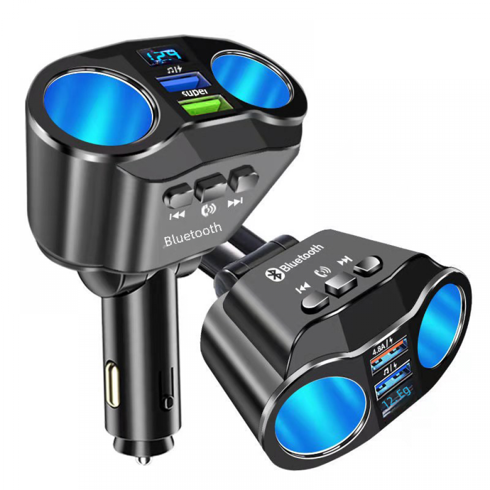 Zwei schwarze Autoladegeräte mit mehreren Anschlüssen. Eines hat ein digitales Display. Beide Bluetooth.