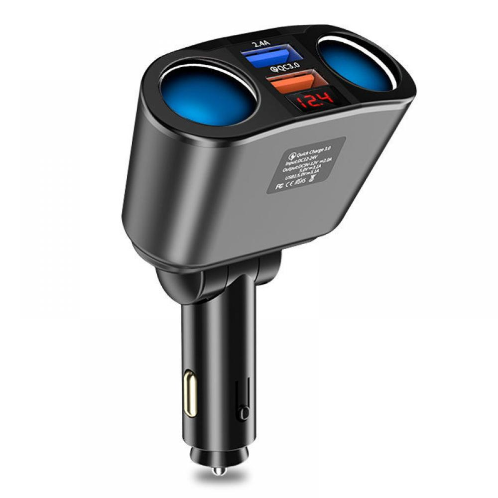 Ein schwarz-graues Autoladegerät mit zwei USB-Anschlüssen. Es hat ein Display mit Spannung und Strom.
