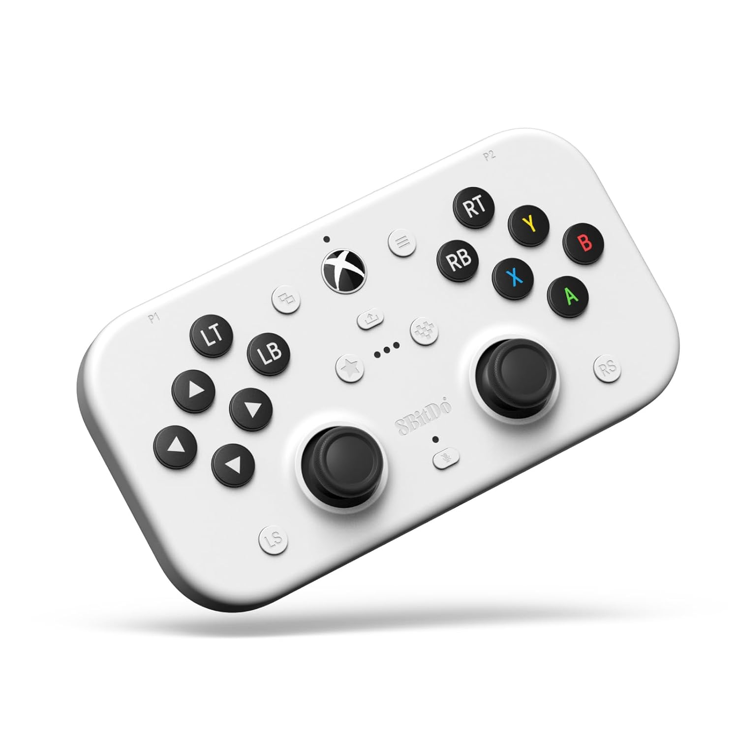 Un mando Xbox blanco con botones negros. Botones incluyen A, B, X, Y, LB, RB, LT, RT, LS, RS.