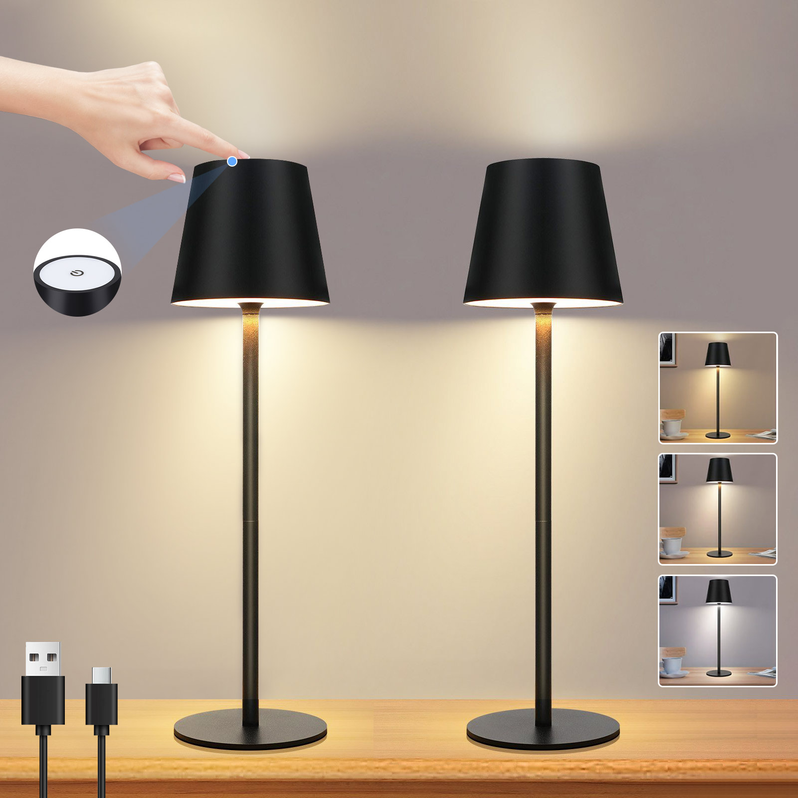 Due lampade da tavolo nere con paralumi neri. Una mano tocca una lampada. Piccole immagini mostrano luci.
