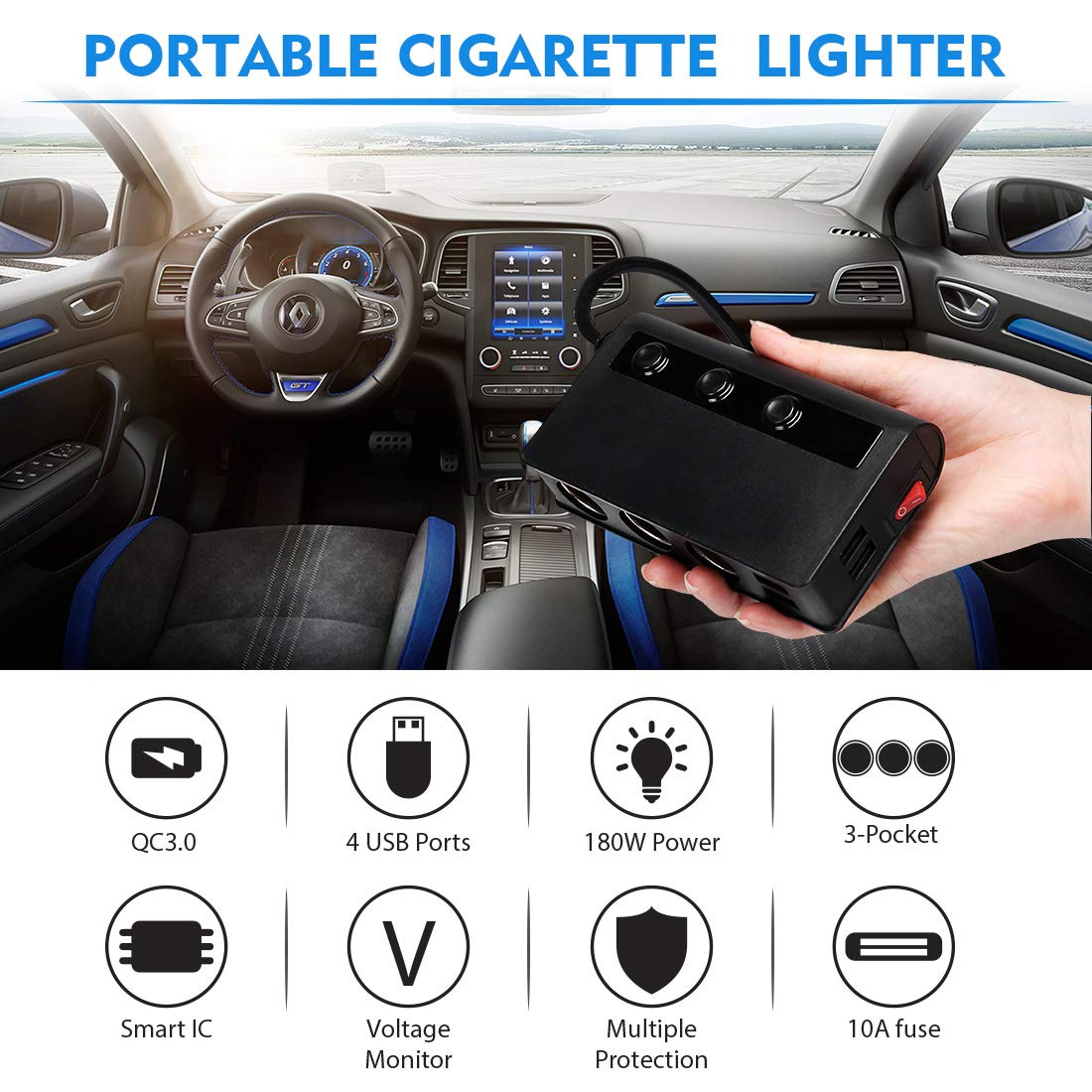 Ein schwarzes, tragbares Zigarettenfeuerzeug mit USB-Anschlüssen und Symbolen. Im Auto.