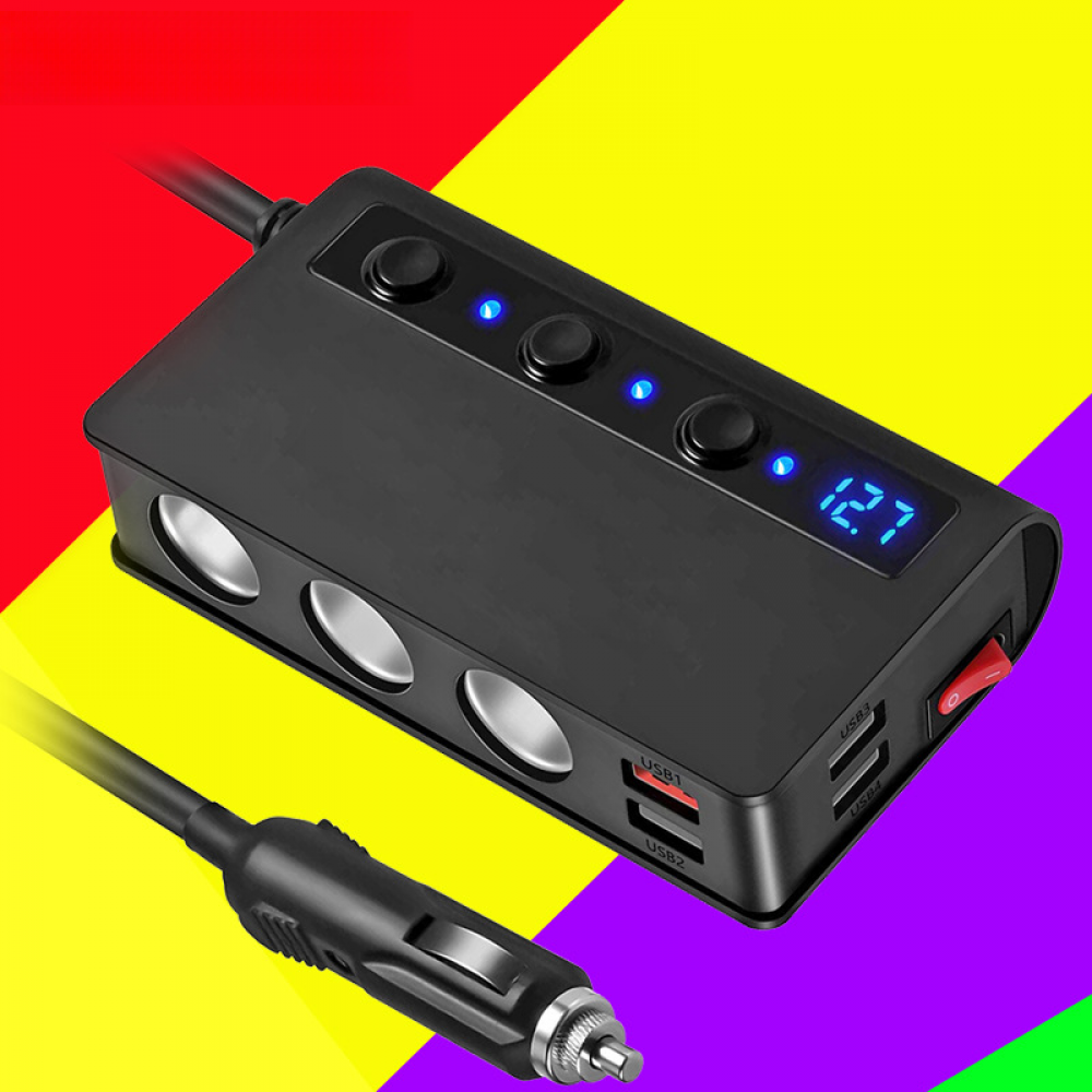 Schwarzes Gerät mit USB-Anschlüssen, Display und Ein-/Aus-Schalter auf buntem Hintergrund.