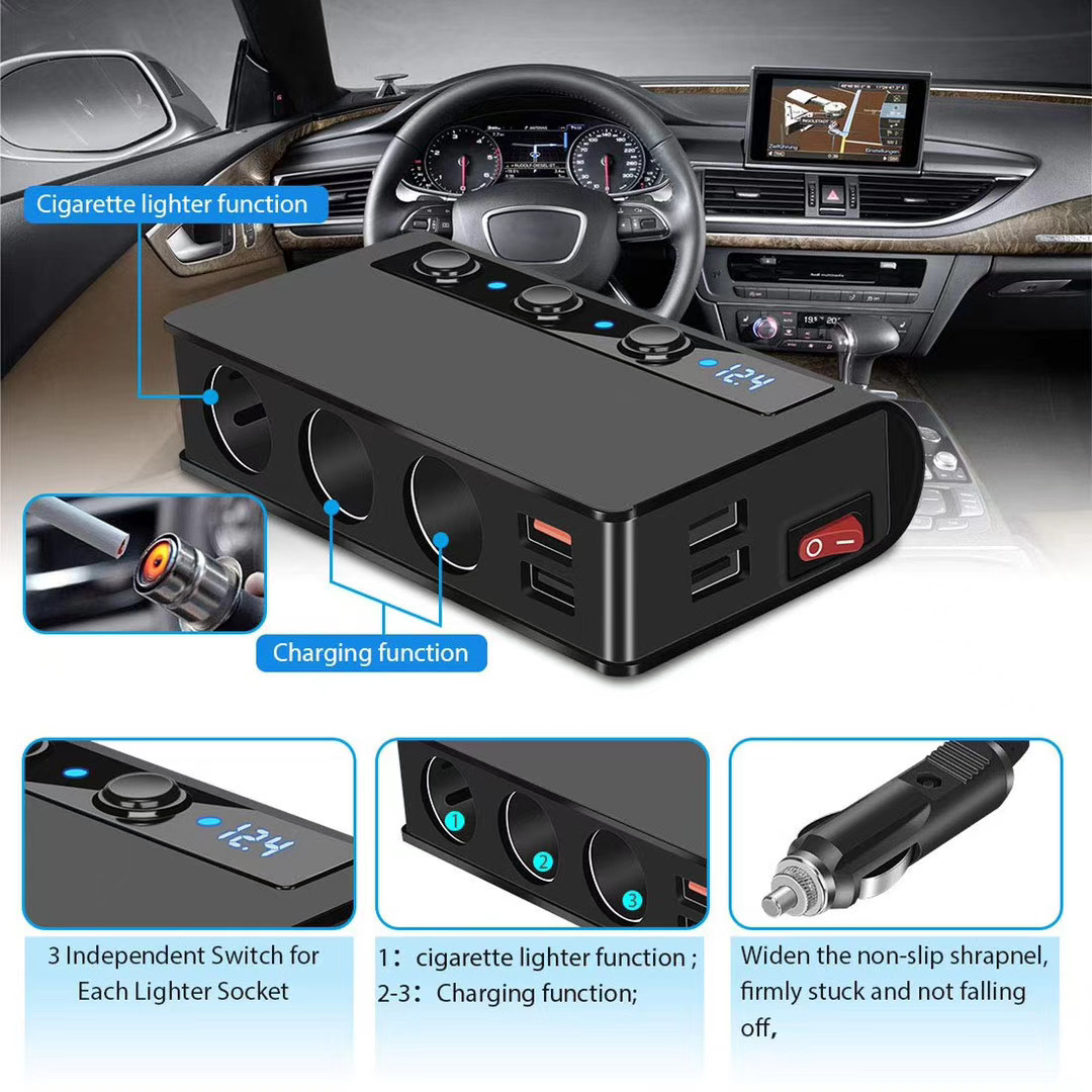 Schwarzes Gerät mit USB-Anschlüssen, Display und Knöpfen, im Auto, mit Diagrammen und Details.