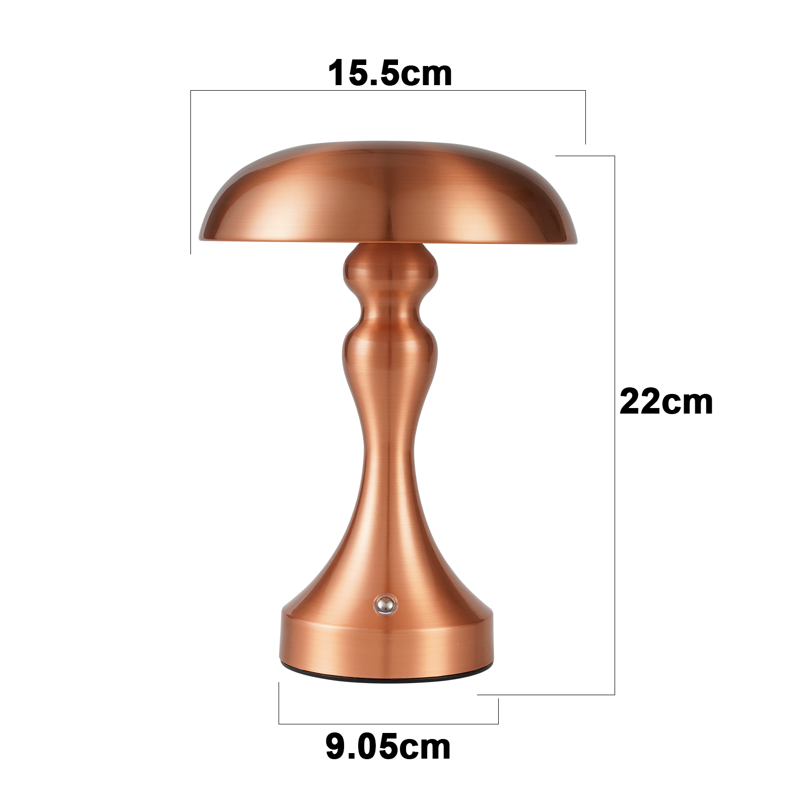 Miedziana lampa stołowa z kloszem w kształcie grzyba. Wymiary: 15,5 cm, 22 cm i 9,05 cm.