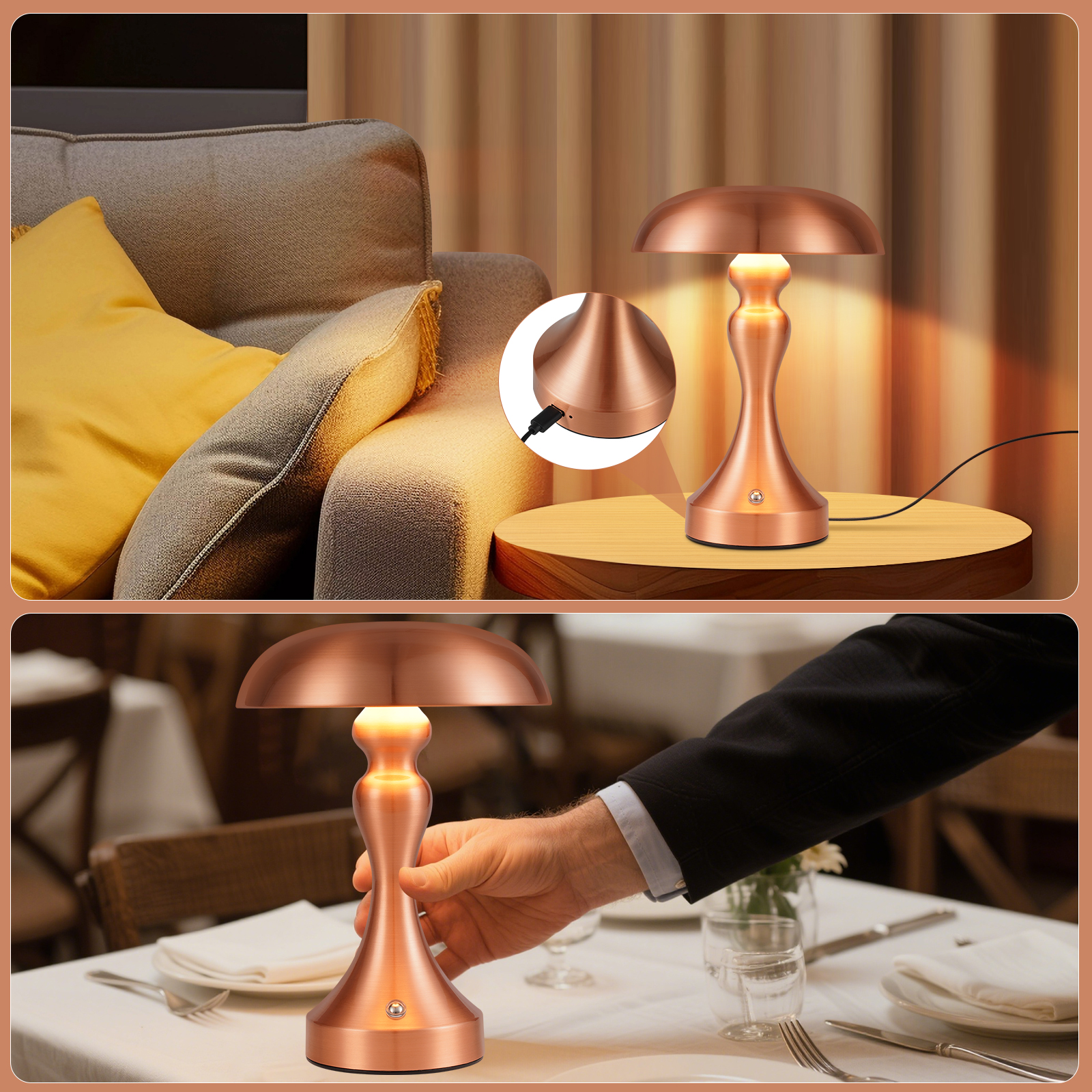 Dwa zdjęcia miedzianej lampy stołowej. Jedno na stole, drugie w użyciu.