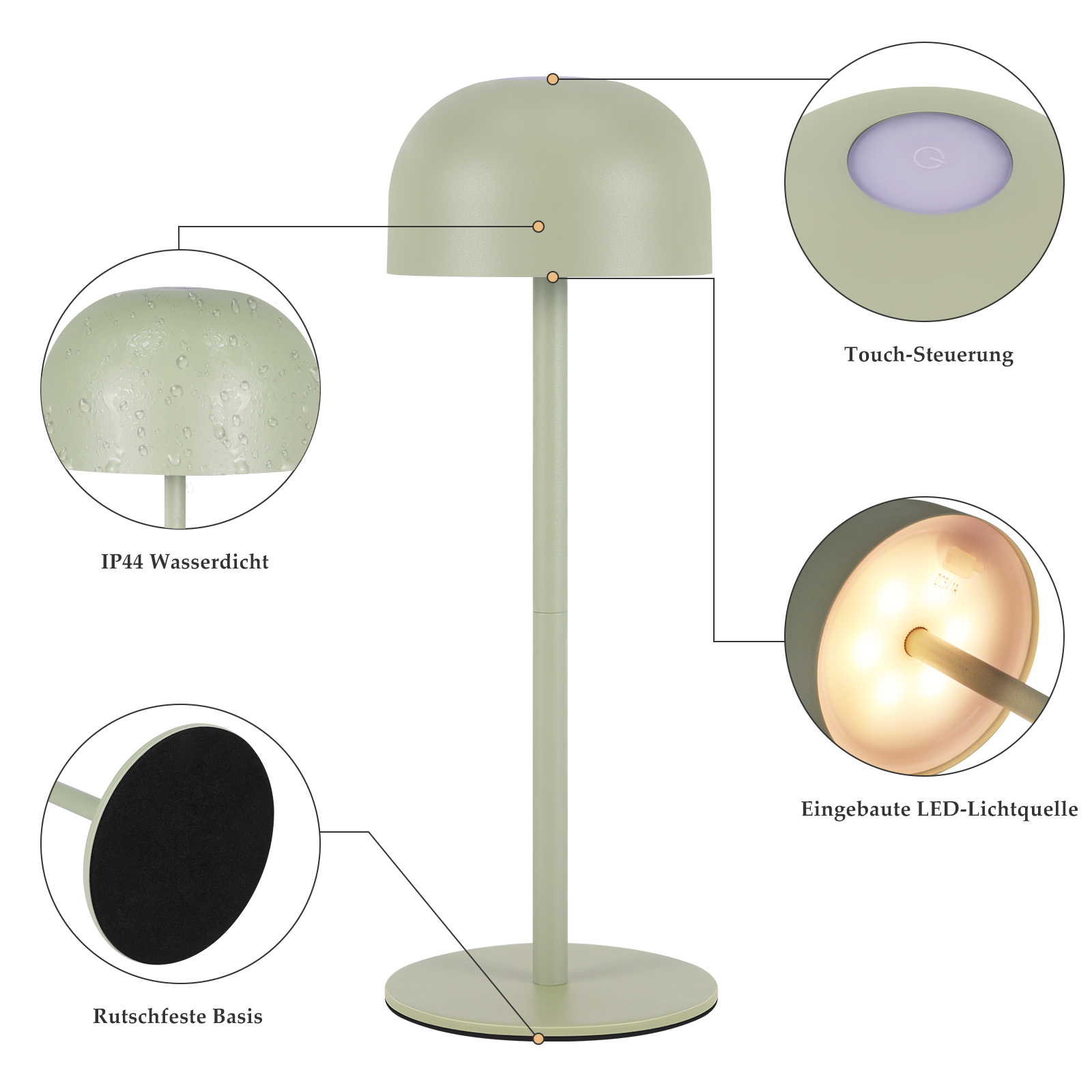 Zielona lampa stołowa z kloszem w kształcie kopuły, dotykowym sterowaniem i okrągłą podstawą.