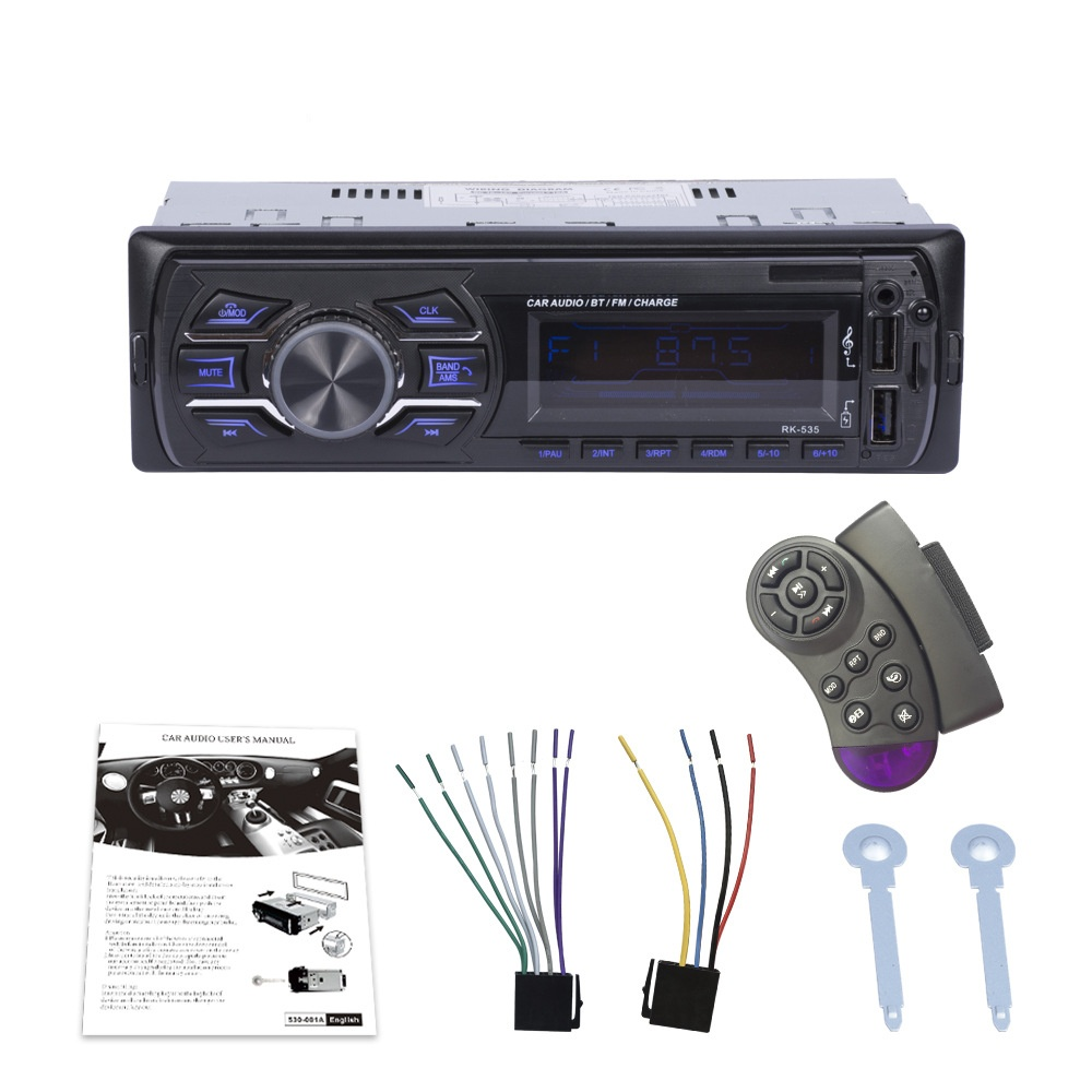 Auto-Audiosystem mit Radio, Fernbedienung, Verkabelung, Handbuch und Werkzeugen.