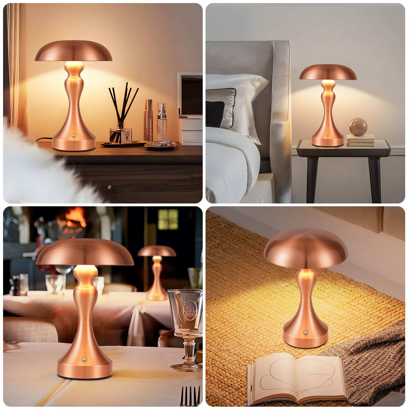 Cztery zdjęcia lamp w kolorze miedzi w różnych ustawieniach: sypialnia, stół i restauracja.