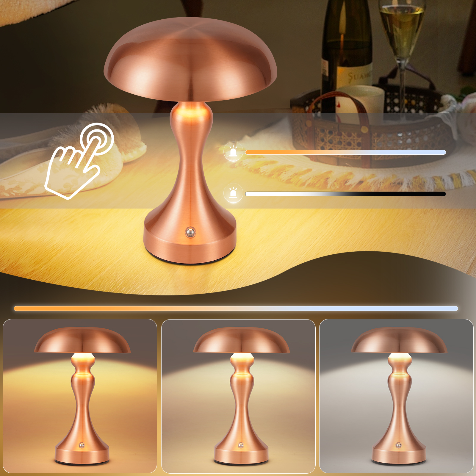 Miedziana lampa z dotykowym sterowaniem i opcjami regulacji jasności i temperatury barwowej.