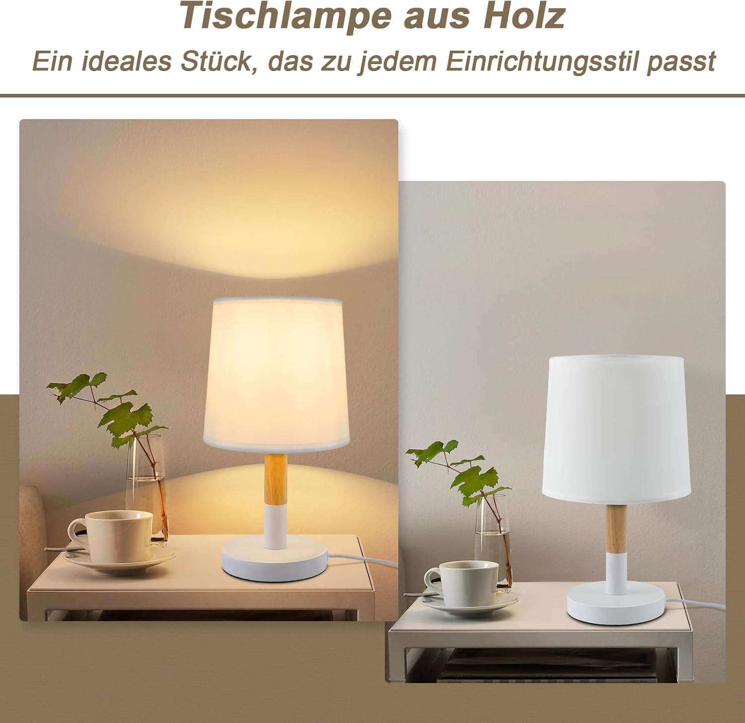 Dwa zdjęcia lampy z białym kloszem i drewnianą podstawą. Jedna zapalona, druga zgaszona.