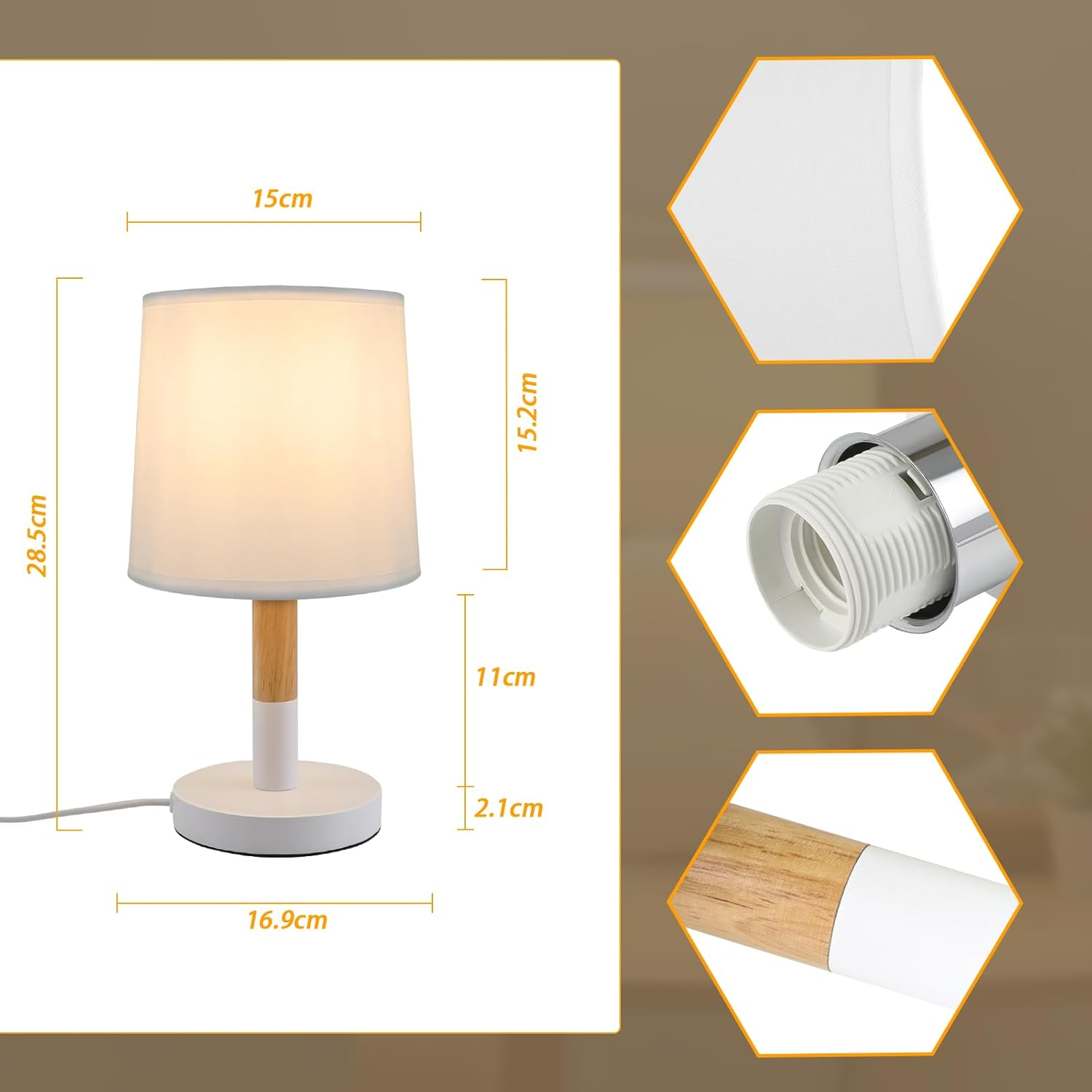 Lampa z białym kloszem, drewnianą podstawą i wymiarami: 15cm, 28,5cm, 16,9cm, 15,2cm, 11cm, 2,1cm.