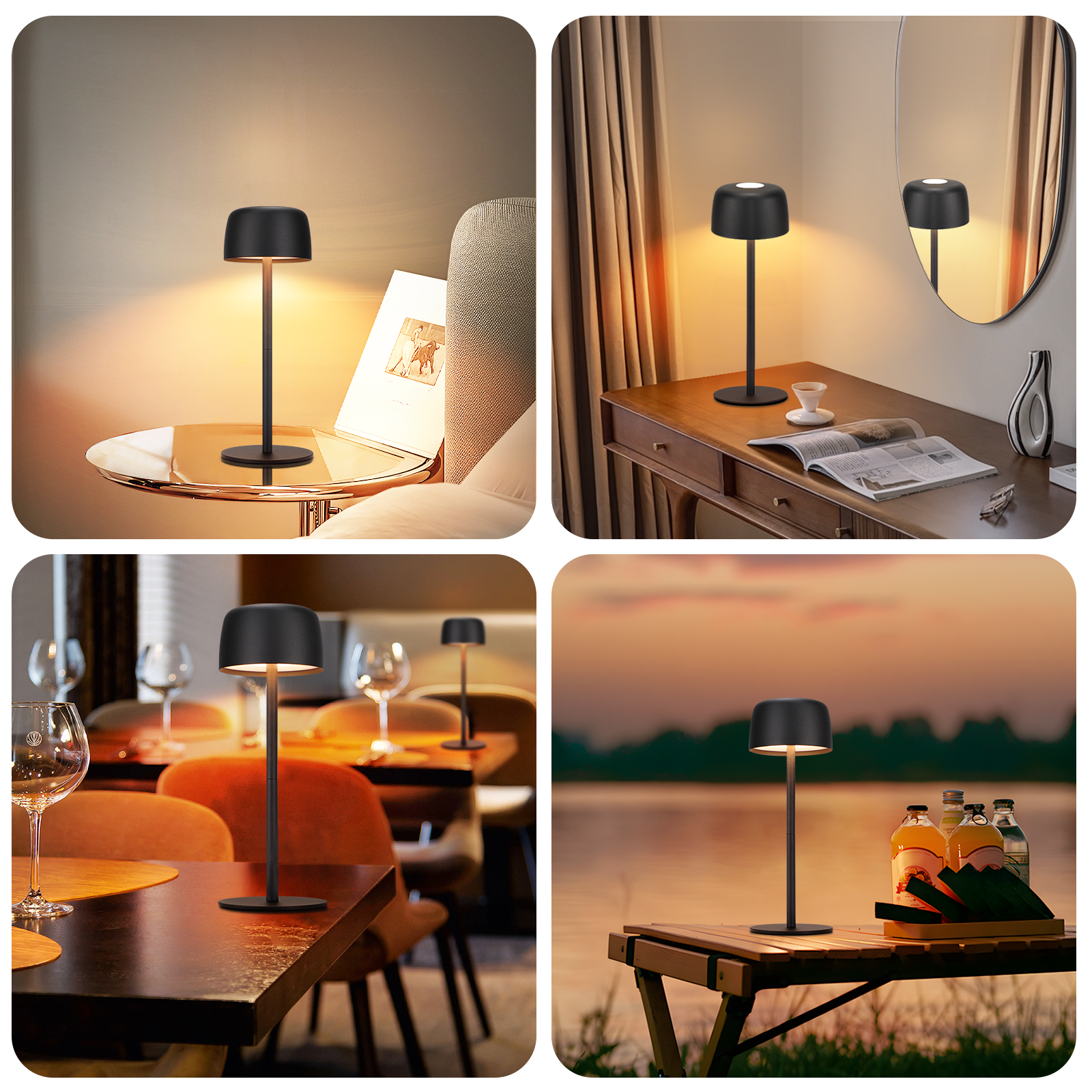 Seria zdjęć przedstawiających czarną lampę biurkową w różnych ustawieniach.