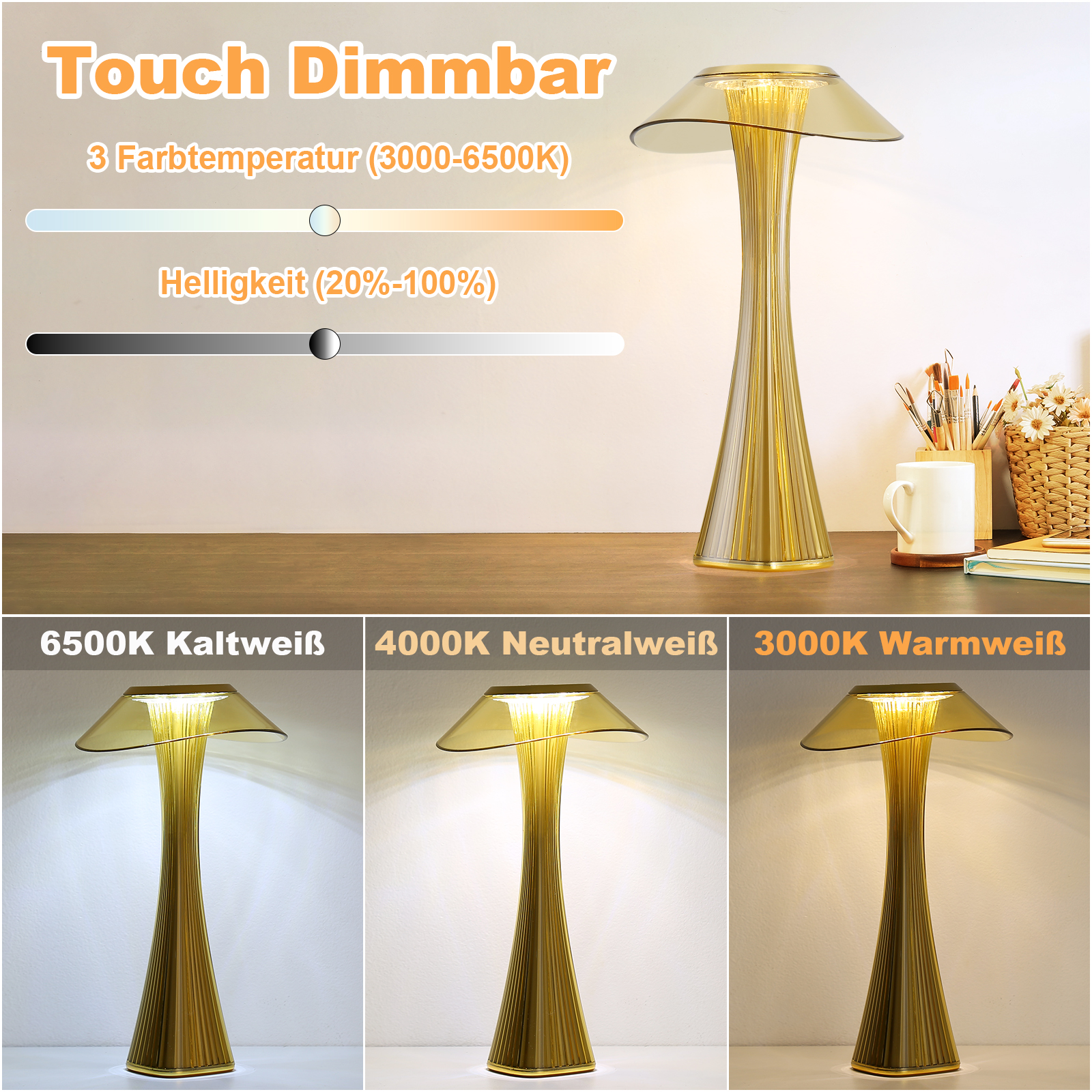 Wiele obrazów pokazujących złotą lampę z różnymi ustawieniami światła i poziomami jasności.