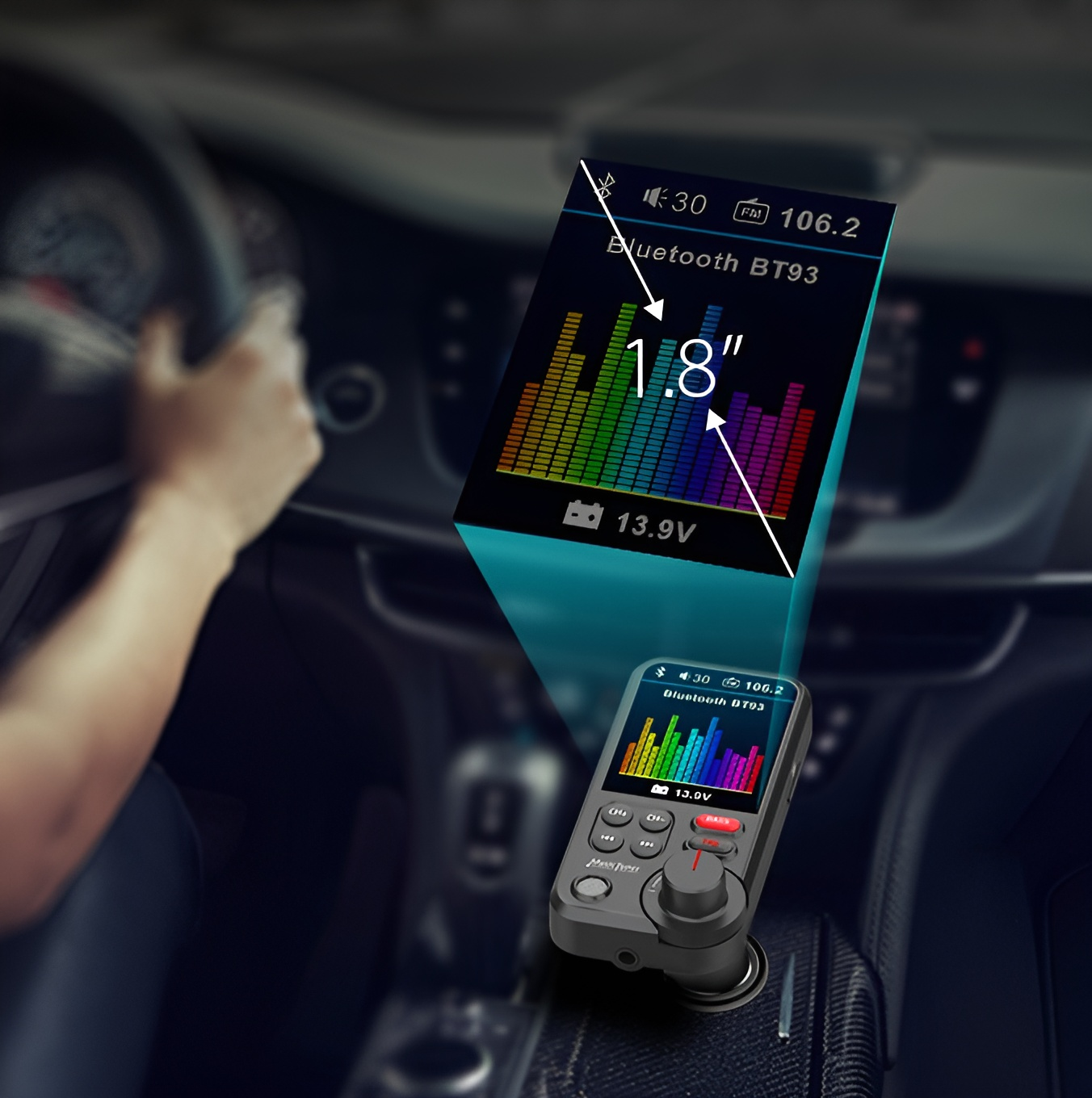 Ein Auto-Innenraum mit einem Bildschirm, der einen Musik-Visualisierer zeigt. Ein kleines Gerät ist in der Konsole.
