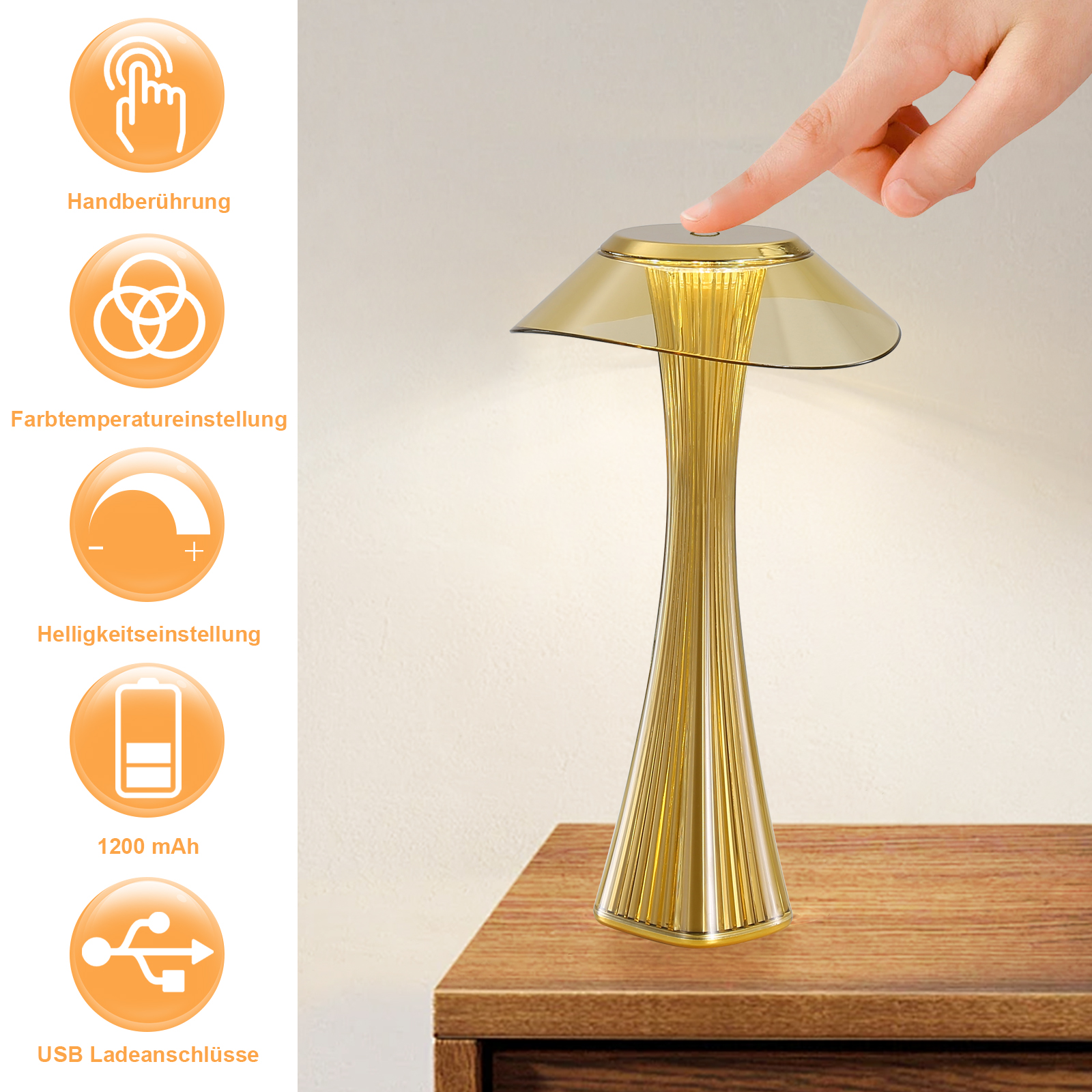 Złota lampa z kontrolkami dotykowymi i ikonami funkcji na drewnianej powierzchni.