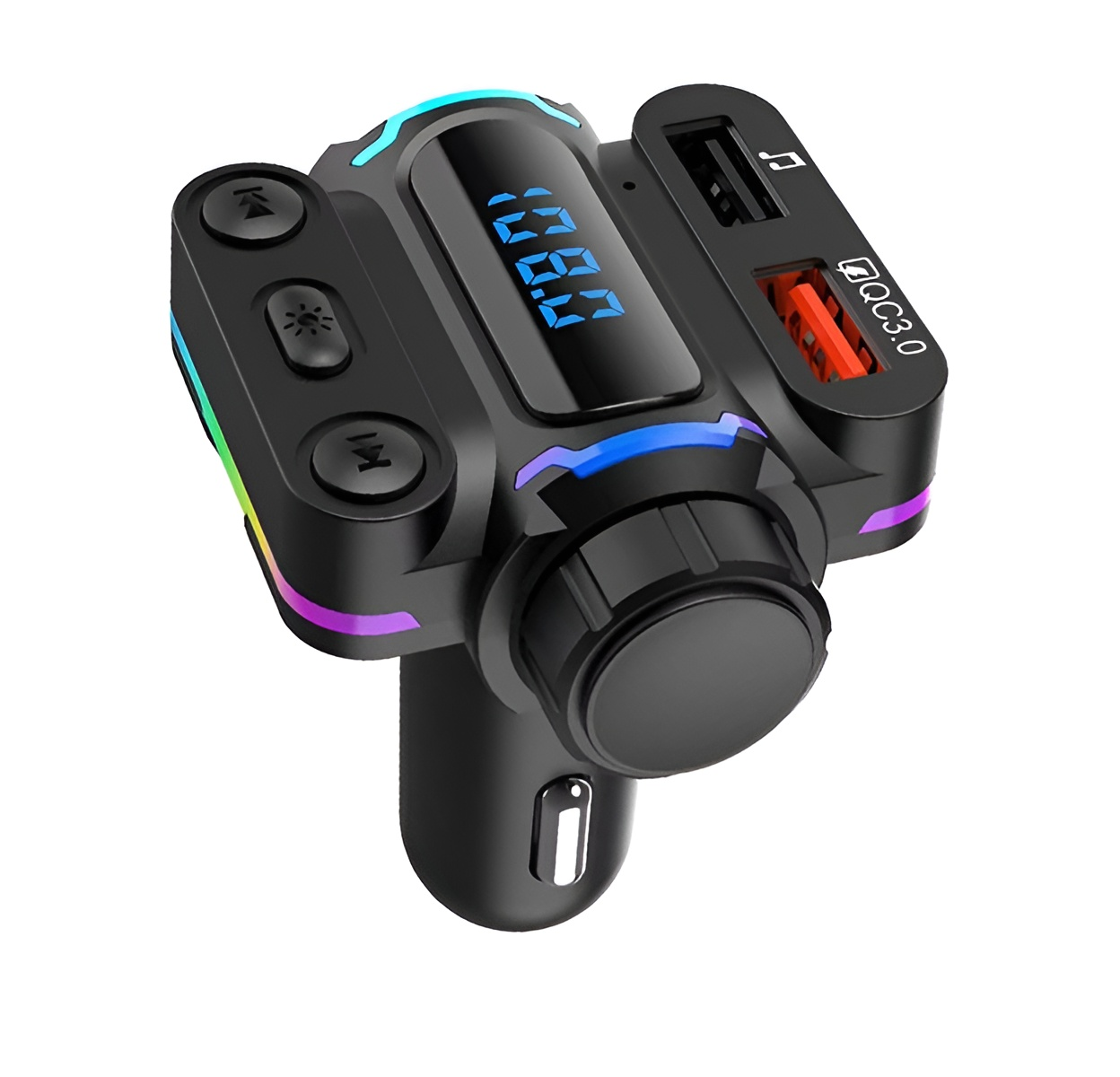 Schwarzer MP3-Player für Autos mit Knöpfen, Display und USB-Anschlüssen. Es hat bunte Lichter und einen Knopf.