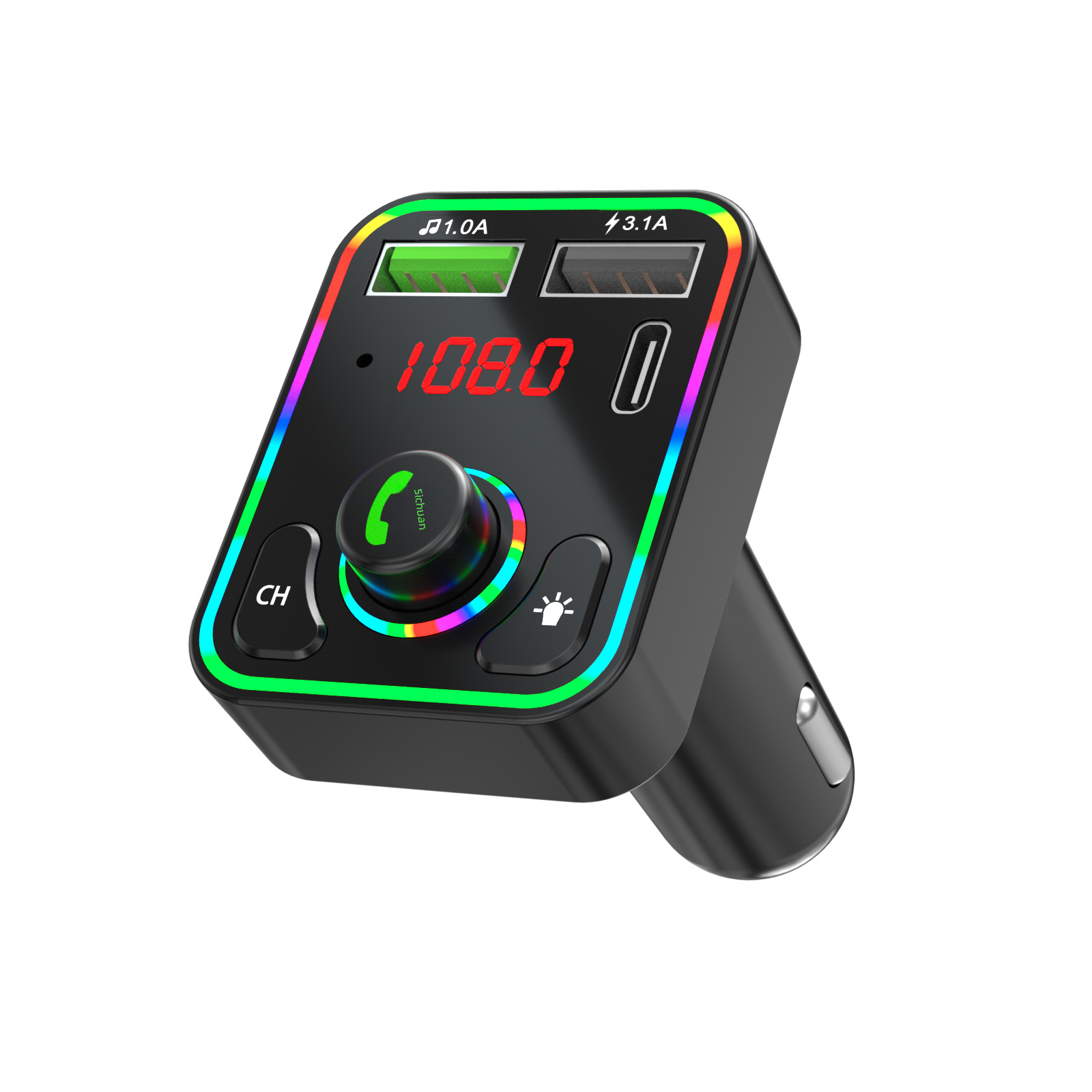 Ein schwarzer MP3-Player für Autos mit Digitalanzeige und mehrfarbiger Beleuchtung.