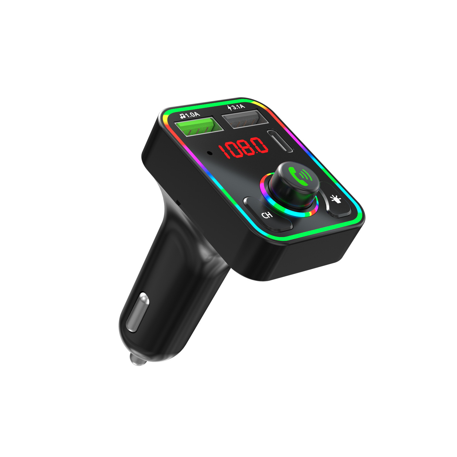 Schwarzes Autoladegerät mit LED-Anzeige, die '108.0' anzeigt. USB-Anschlüsse und Drehknopf. Bunte Umrandung.