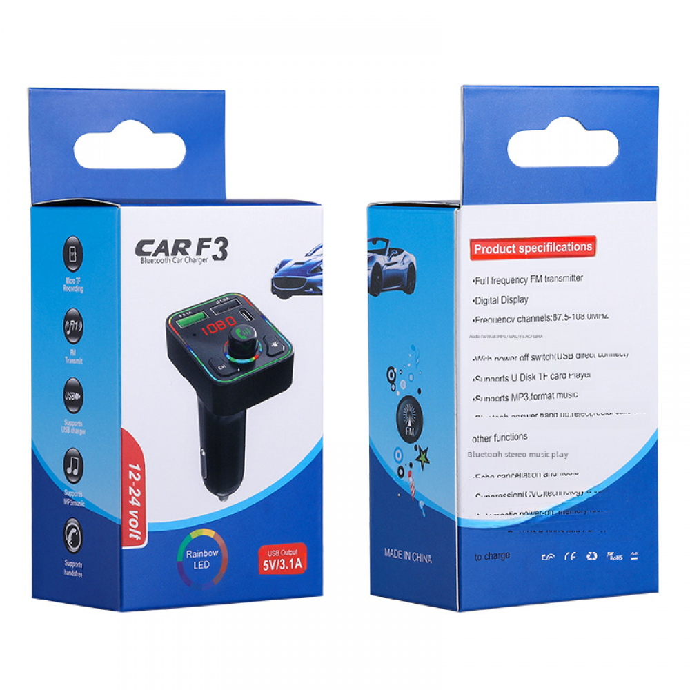 Zwei Produktboxen eines Auto-MP3-Players mit Digitalanzeige und verschiedenen Funktionen.