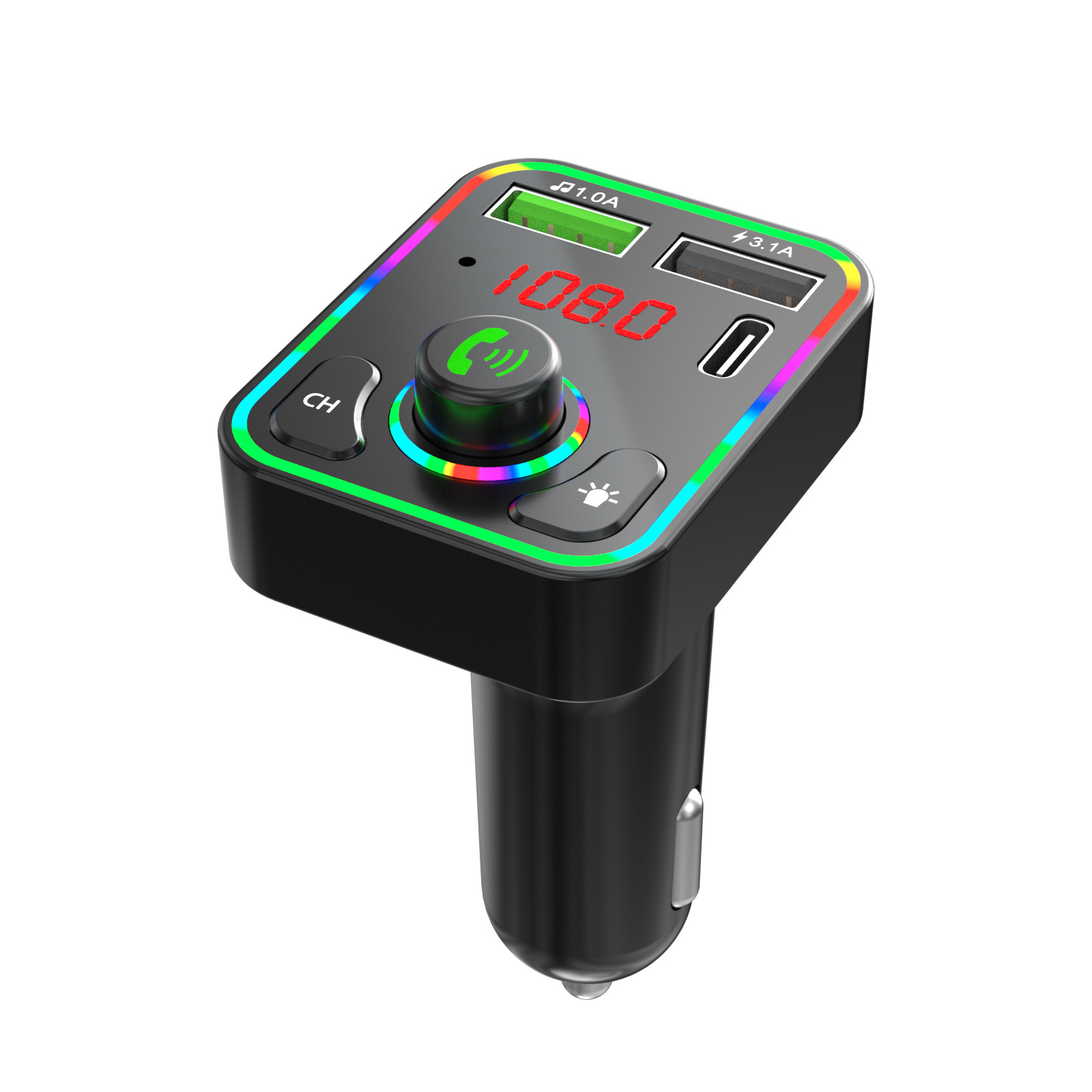 Autoladegerät mit USB-Anschlüssen und Display mit '108.0'. Grüne und rote LED-Leuchten. Schwarzes Gehäuse.