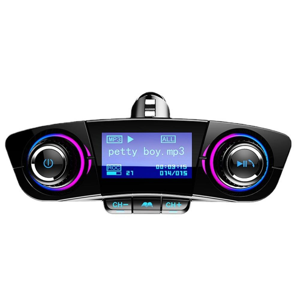 Schwarzer Auto-MP3-Player mit Bildschirm, der Titelinformationen anzeigt. Knöpfe und Drehknöpfe mit Lila/Blau.
