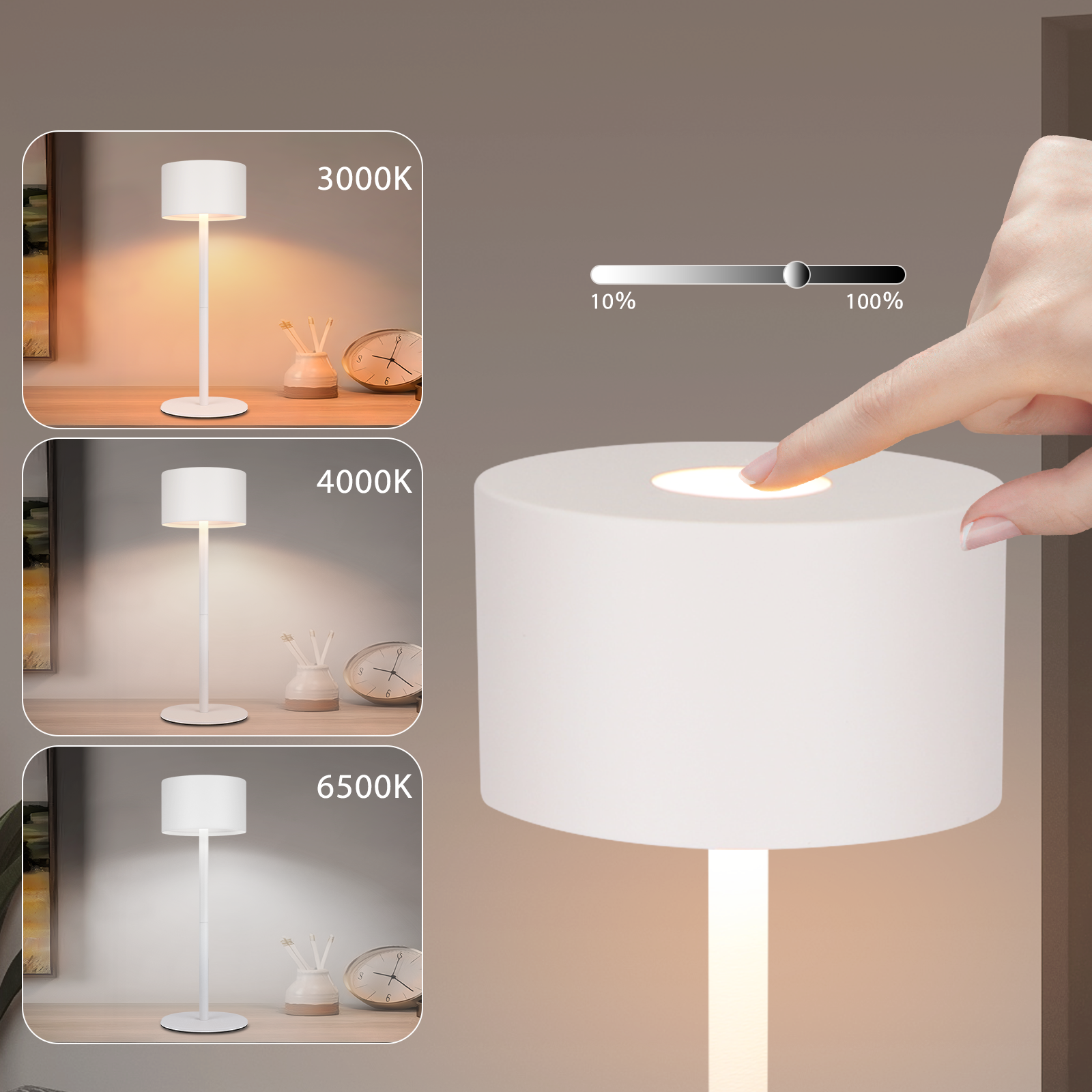 Biała lampa z regulacją jasności; pokazano trzy przykładowe ustawienia światła.