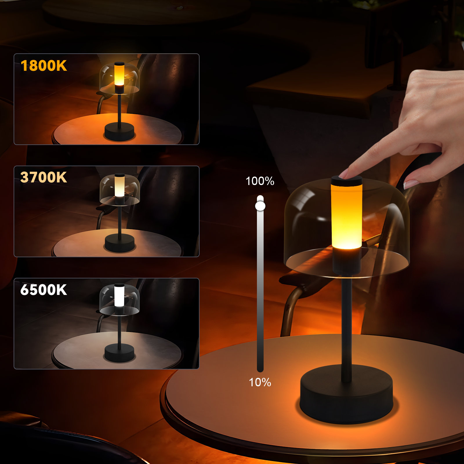 Lampa z trzema temperaturami barwowymi: 1800K, 3700K i 6500K. Ręka dotyka lampy.