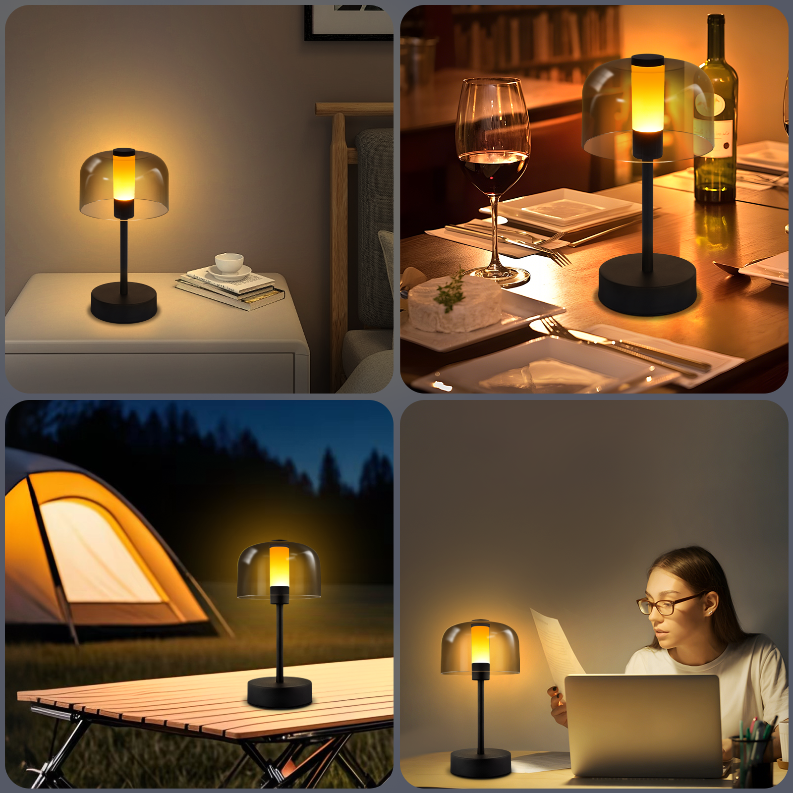 Cztery sceny z lampą: na stoliku nocnym, przy stole jadalnym, w pobliżu namiotu i na biurku.